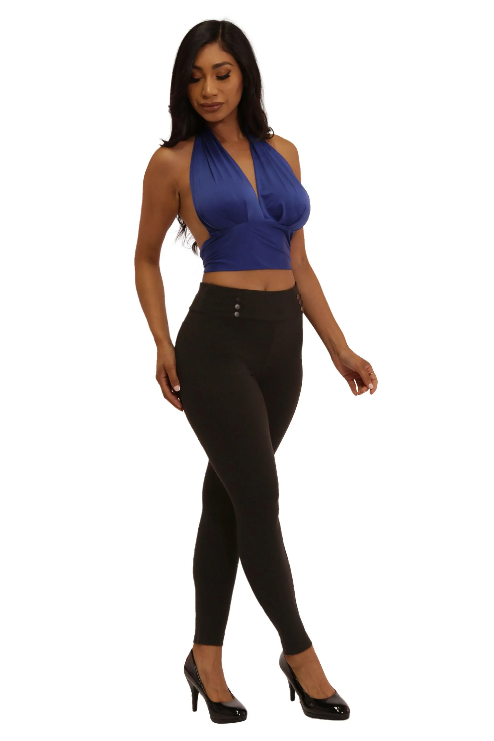 High Waist Sculpting Treggings With Button Waist Detail - Black