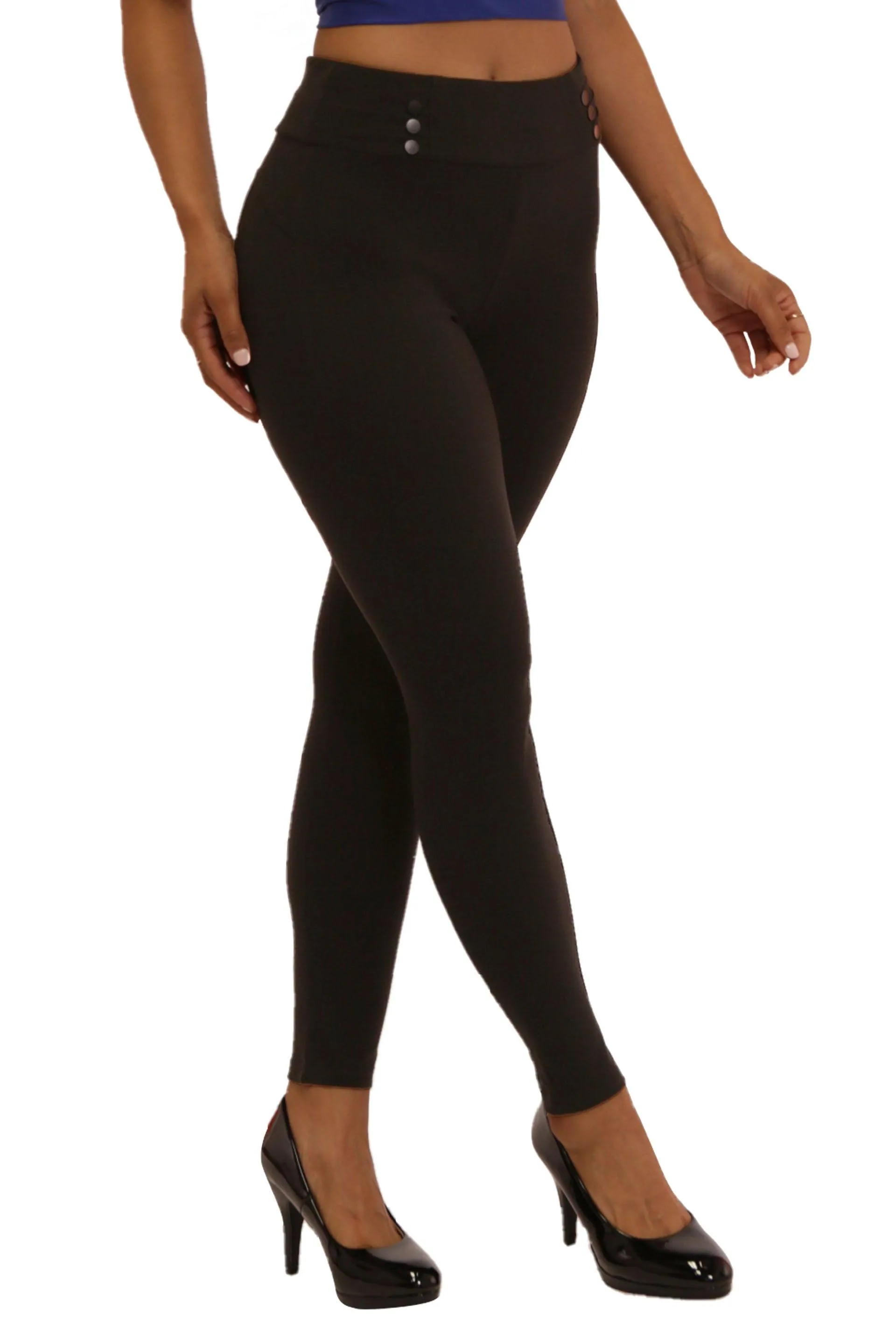 High Waist Sculpting Treggings With Button Waist Detail - Black