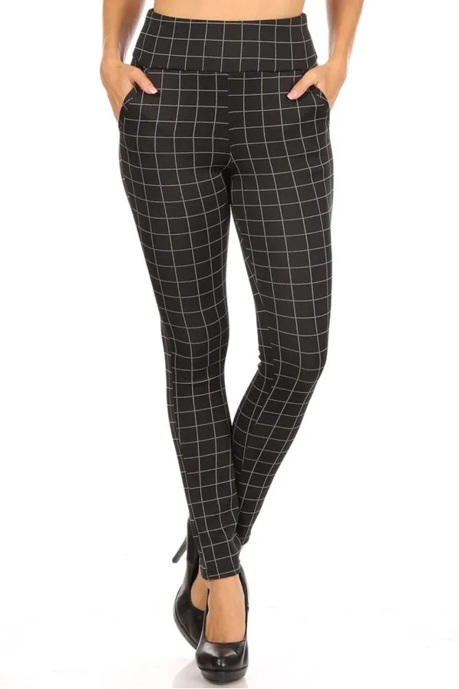 High Waist Sculpting Treggings With Front Pockets - Black & White Plaid