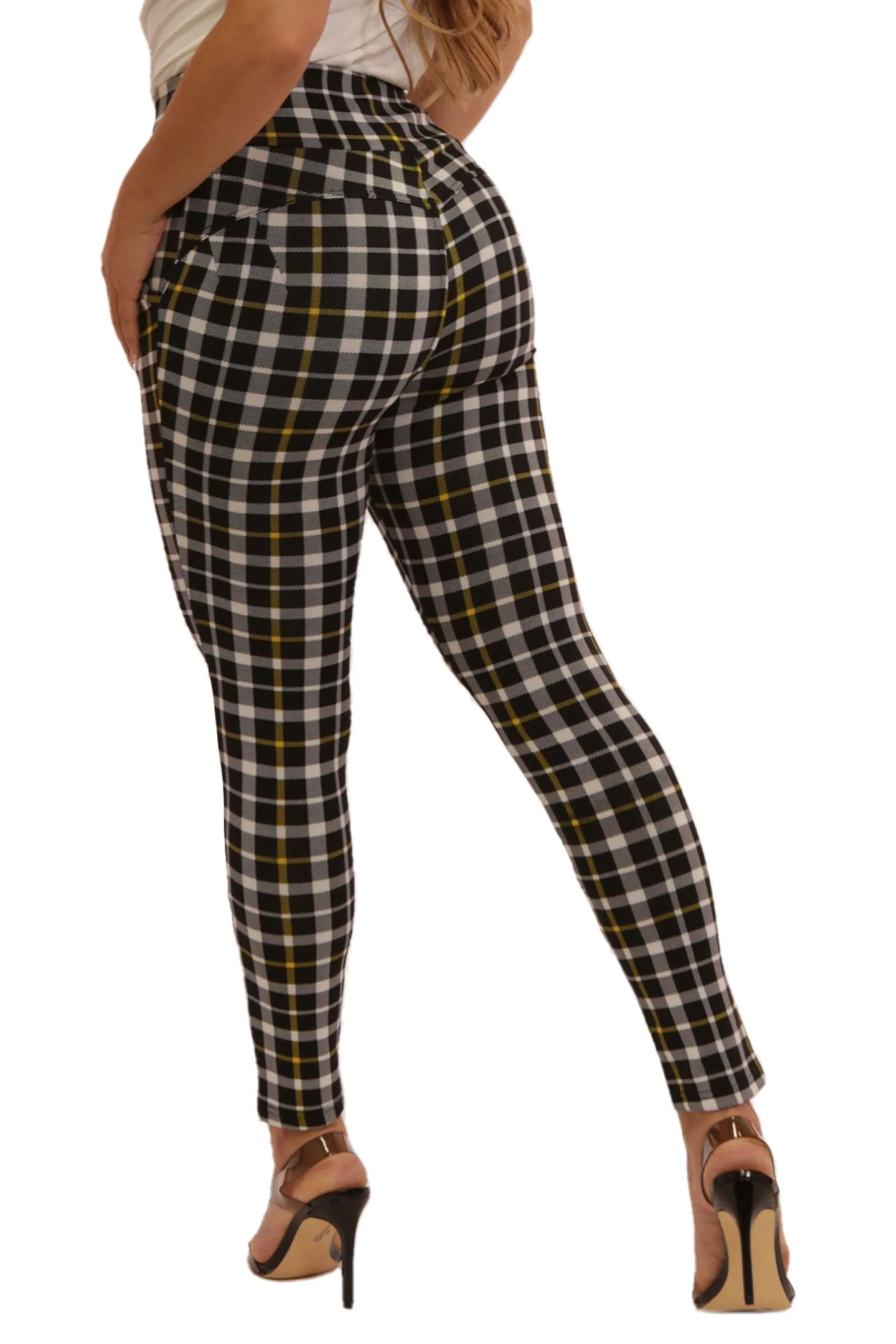 High Waist Sculpting Treggings With Front Pockets - Black, White, Mustard Plaid