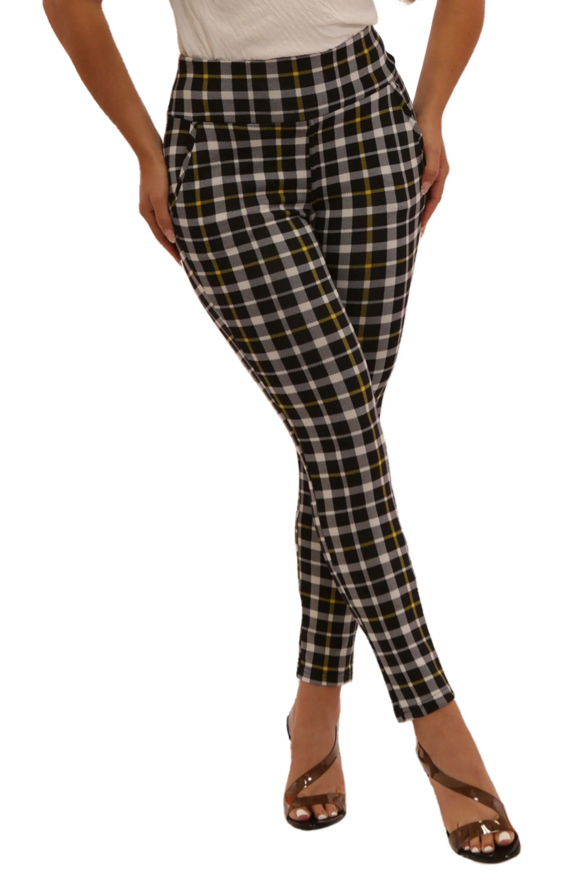 High Waist Sculpting Treggings With Front Pockets - Black, White, Mustard Plaid