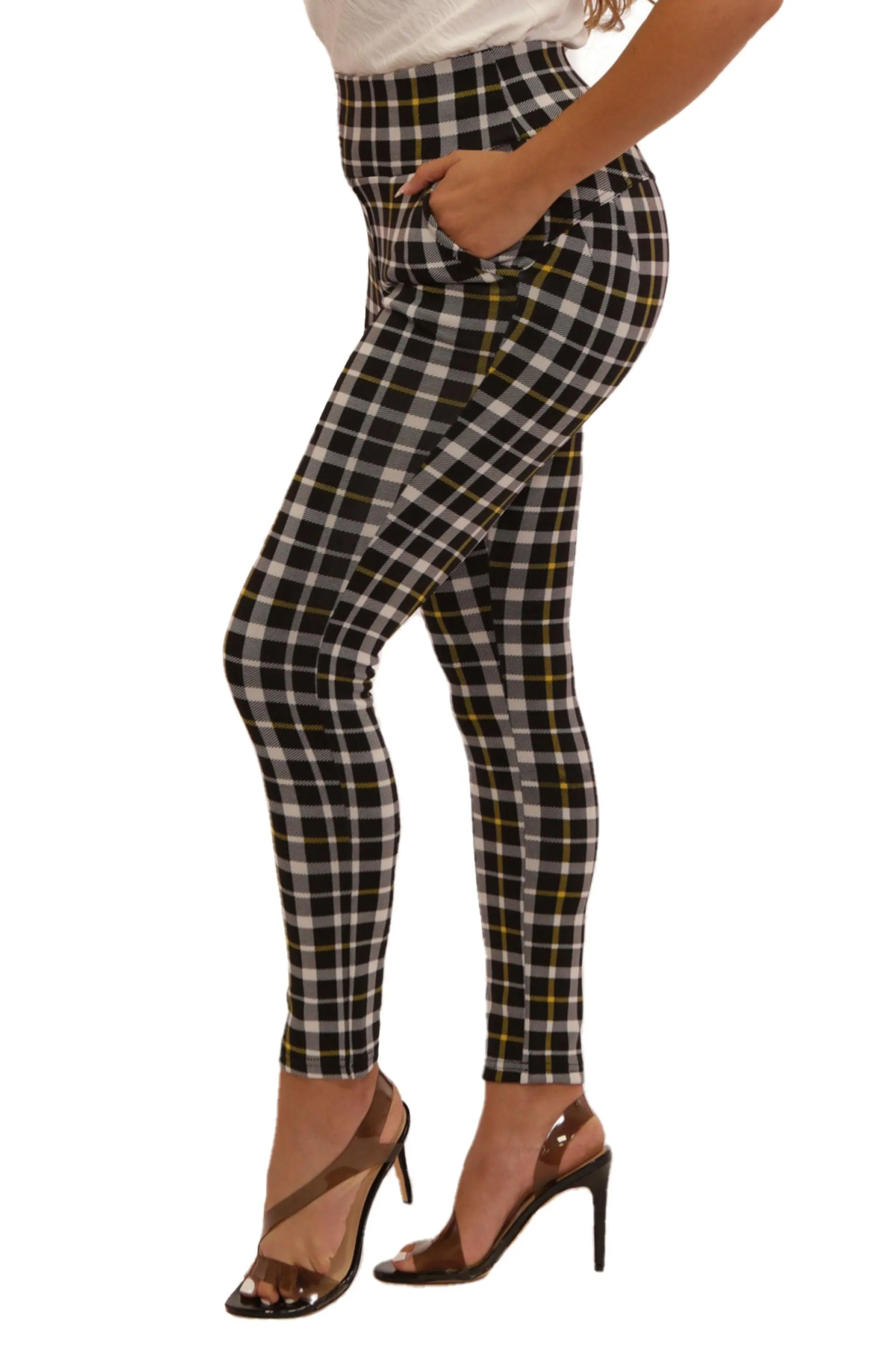 High Waist Sculpting Treggings With Front Pockets - Black, White, Mustard Plaid