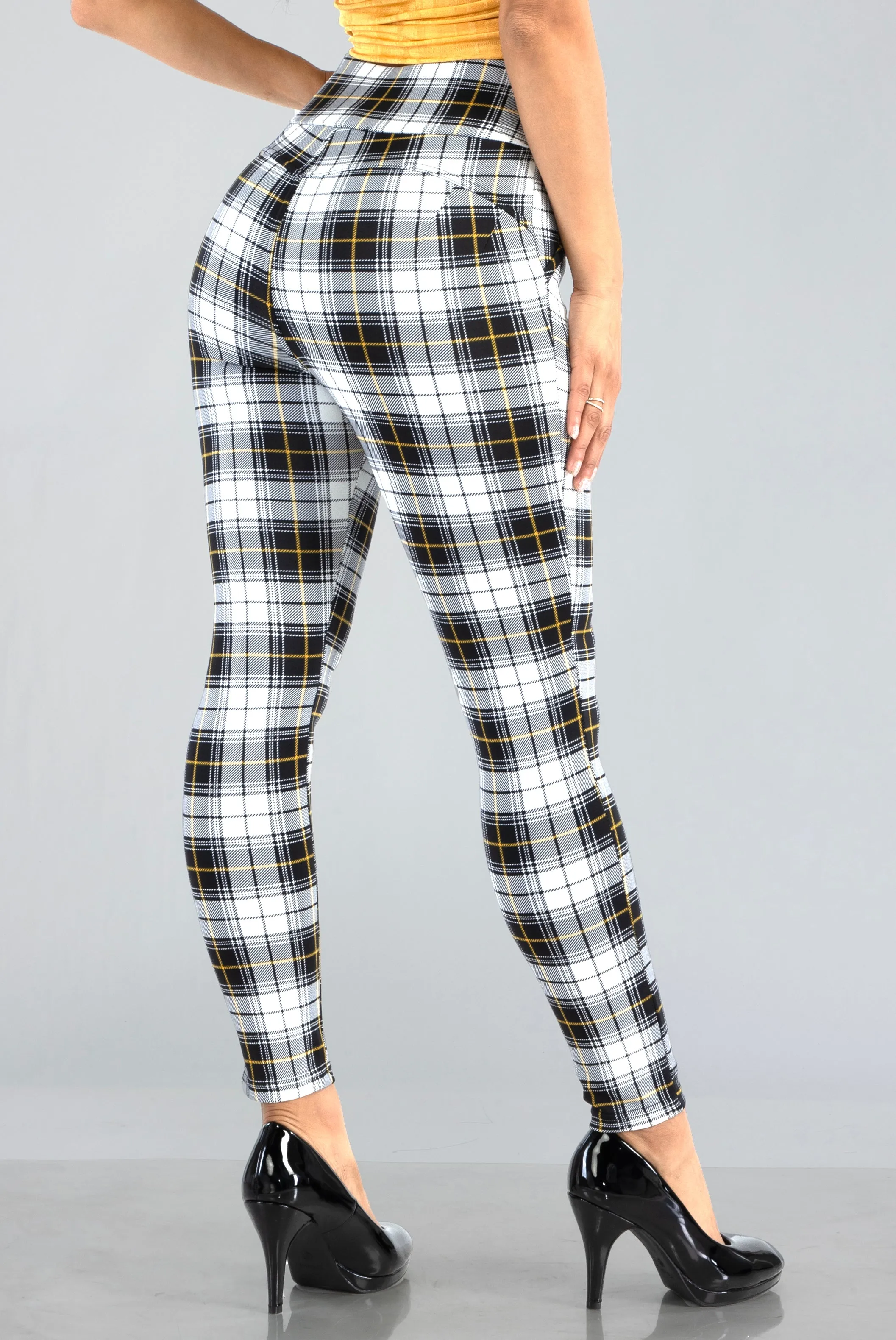 High Waist Sculpting Treggings With Front Pockets - Black, White, Mustard Plaid