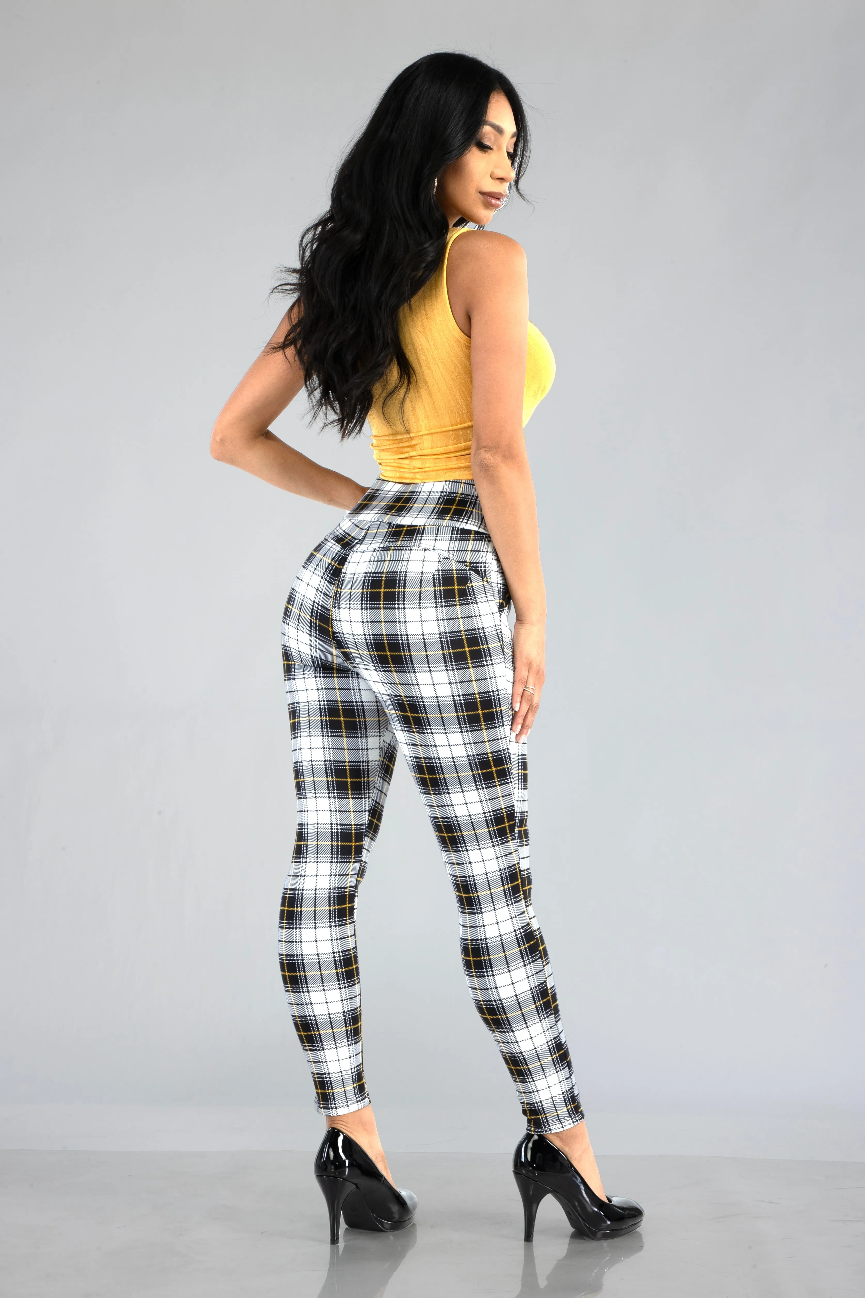 High Waist Sculpting Treggings With Front Pockets - Black, White, Mustard Plaid