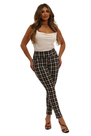 High Waist Sculpting Treggings With Front Pockets - Black, White, Mustard Plaid