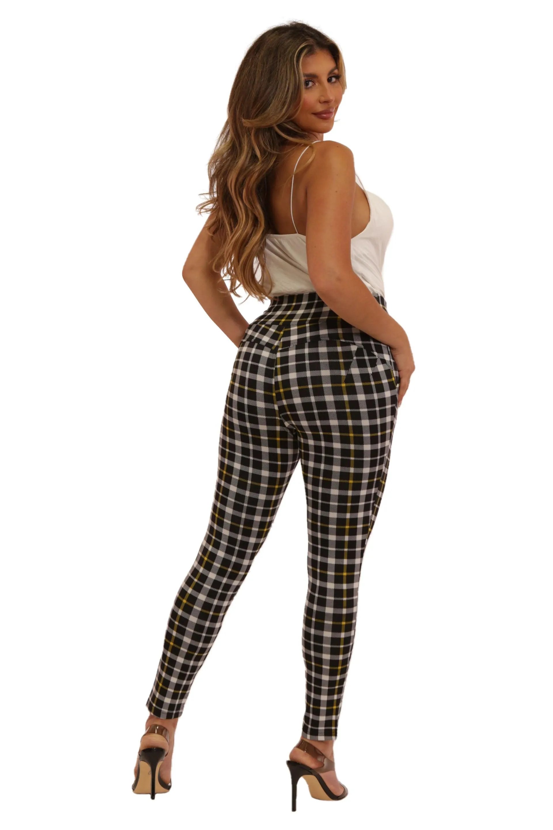 High Waist Sculpting Treggings With Front Pockets - Black, White, Mustard Plaid