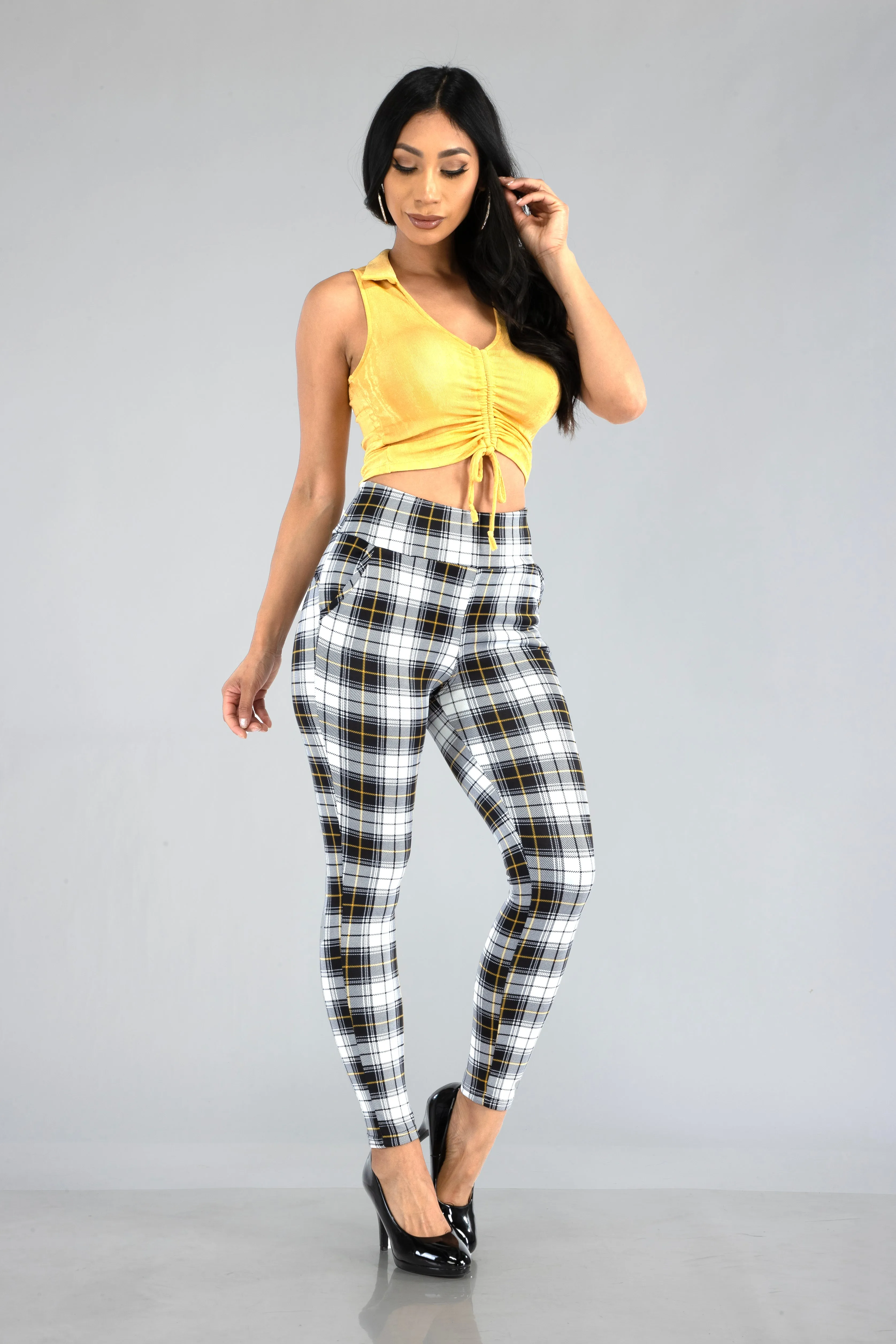 High Waist Sculpting Treggings With Front Pockets - Black, White, Mustard Plaid