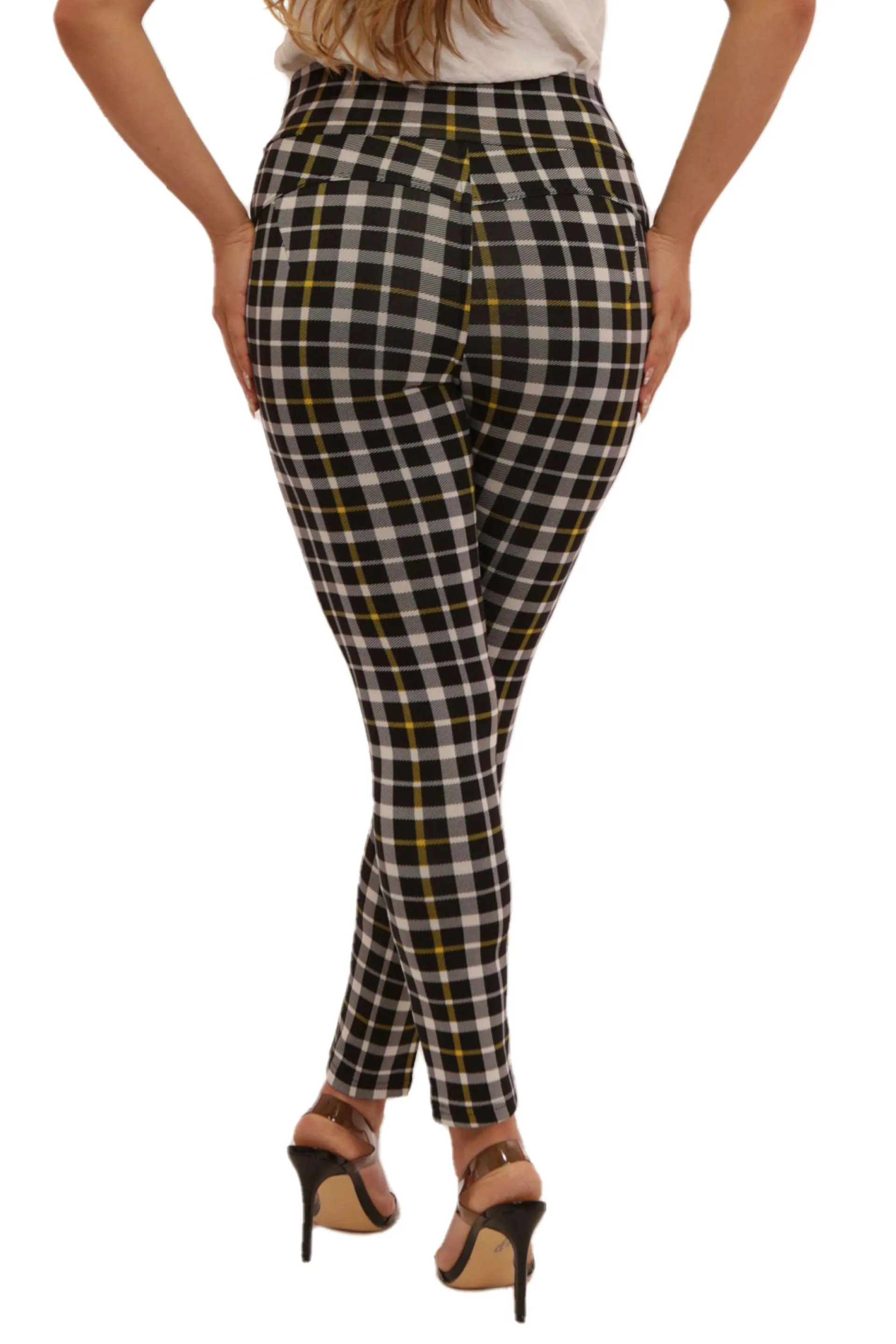 High Waist Sculpting Treggings With Front Pockets - Black, White, Mustard Plaid