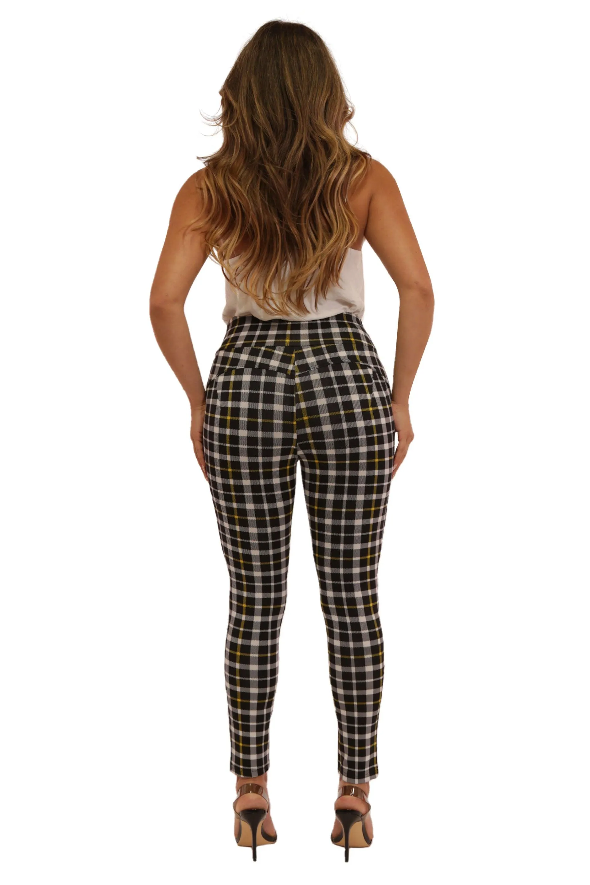 High Waist Sculpting Treggings With Front Pockets - Black, White, Mustard Plaid