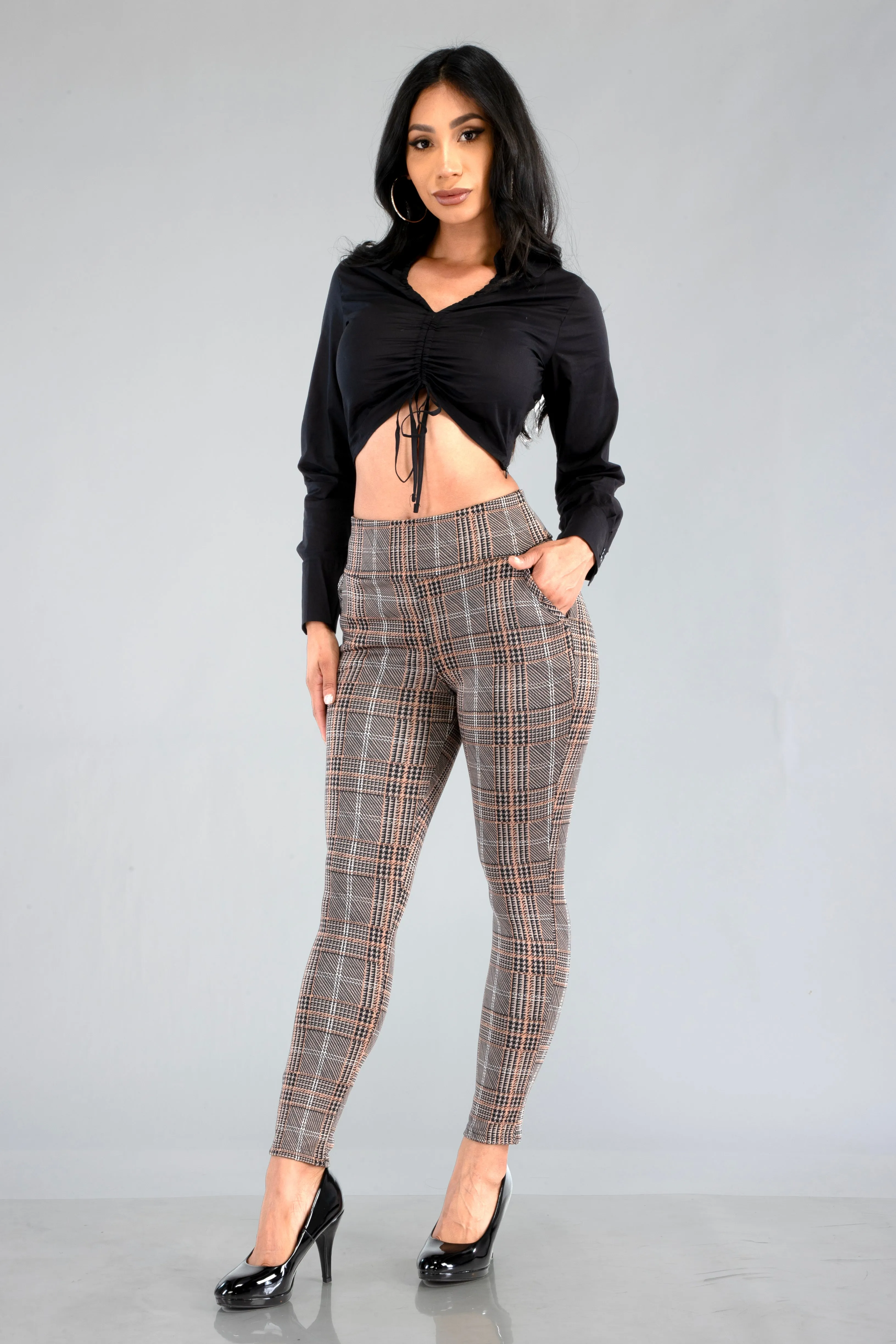 High Waist Sculpting Treggings With Front Pockets - Brown, Black, White Plaid