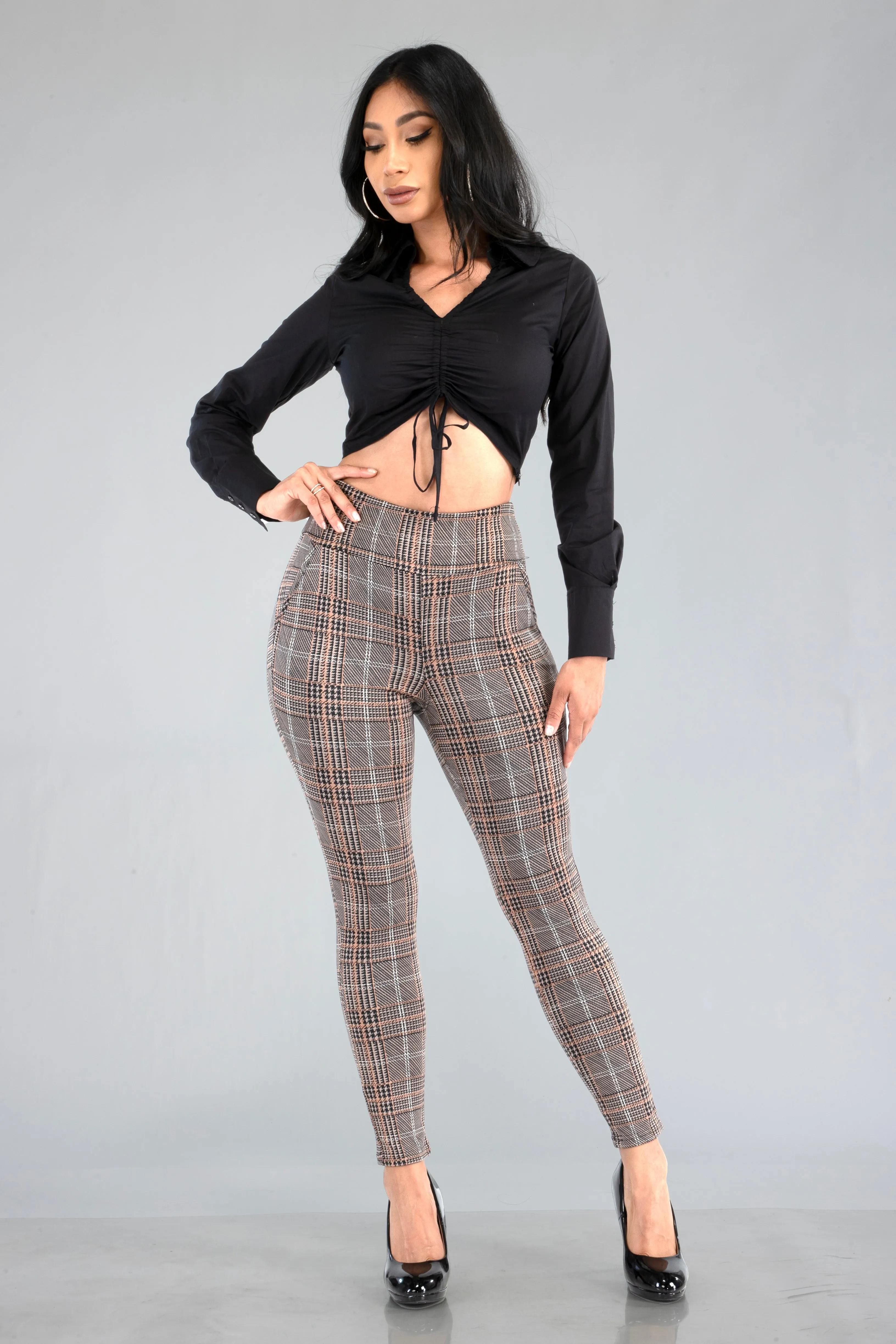 High Waist Sculpting Treggings With Front Pockets - Brown, Black, White Plaid