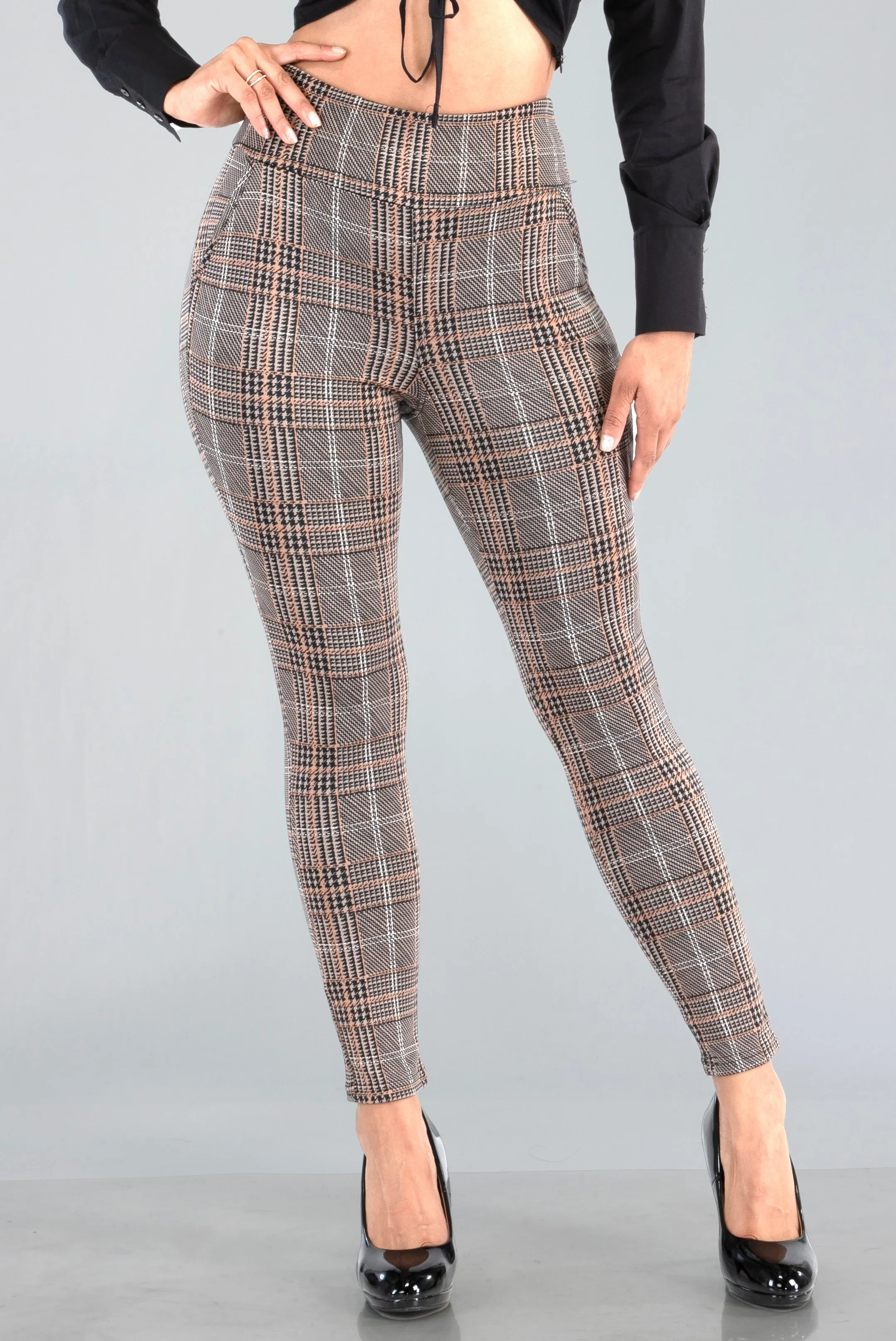 High Waist Sculpting Treggings With Front Pockets - Brown, Black, White Plaid