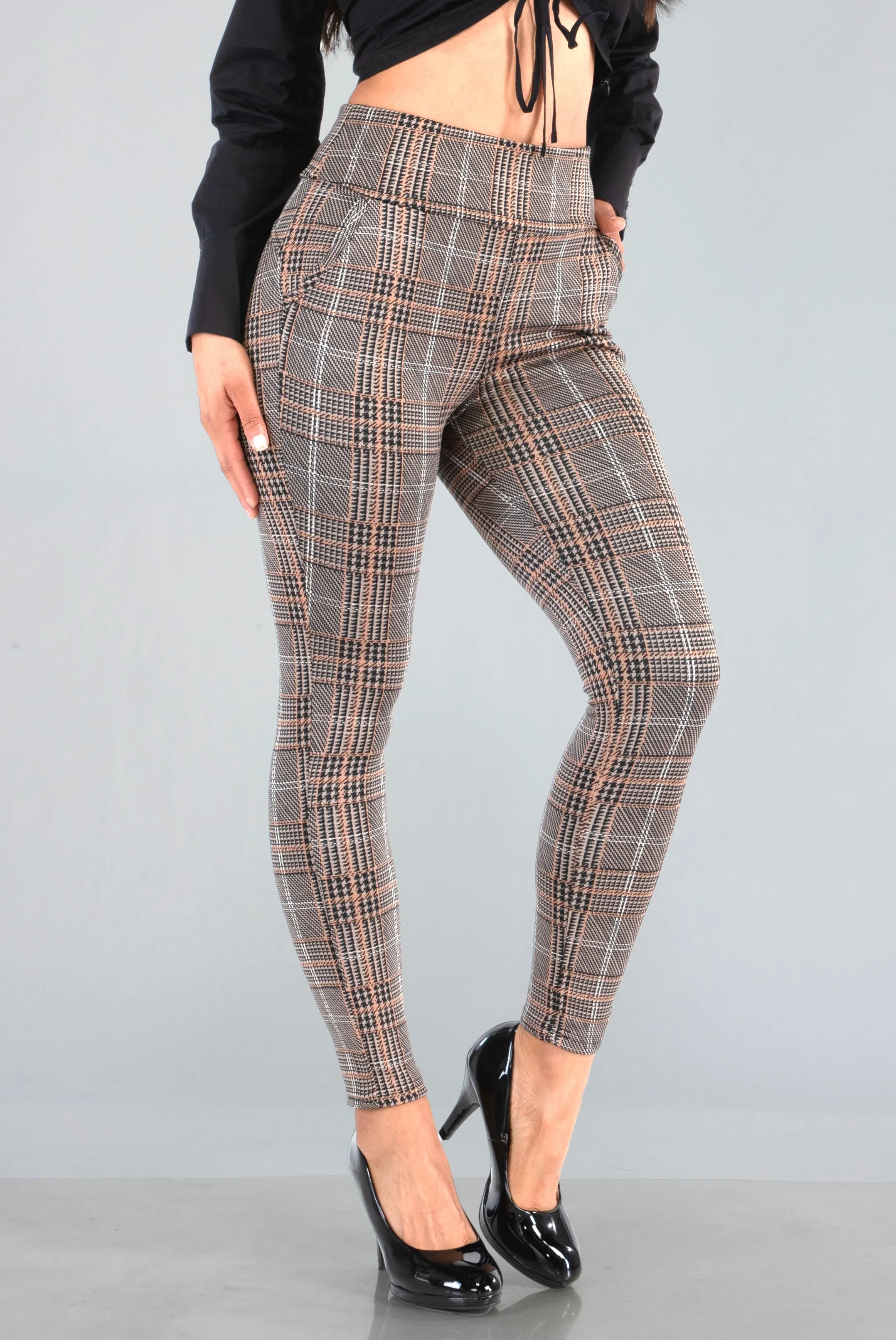 High Waist Sculpting Treggings With Front Pockets - Brown, Black, White Plaid