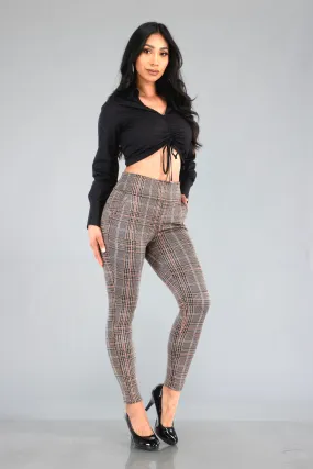 High Waist Sculpting Treggings With Front Pockets - Brown, Black, White Plaid