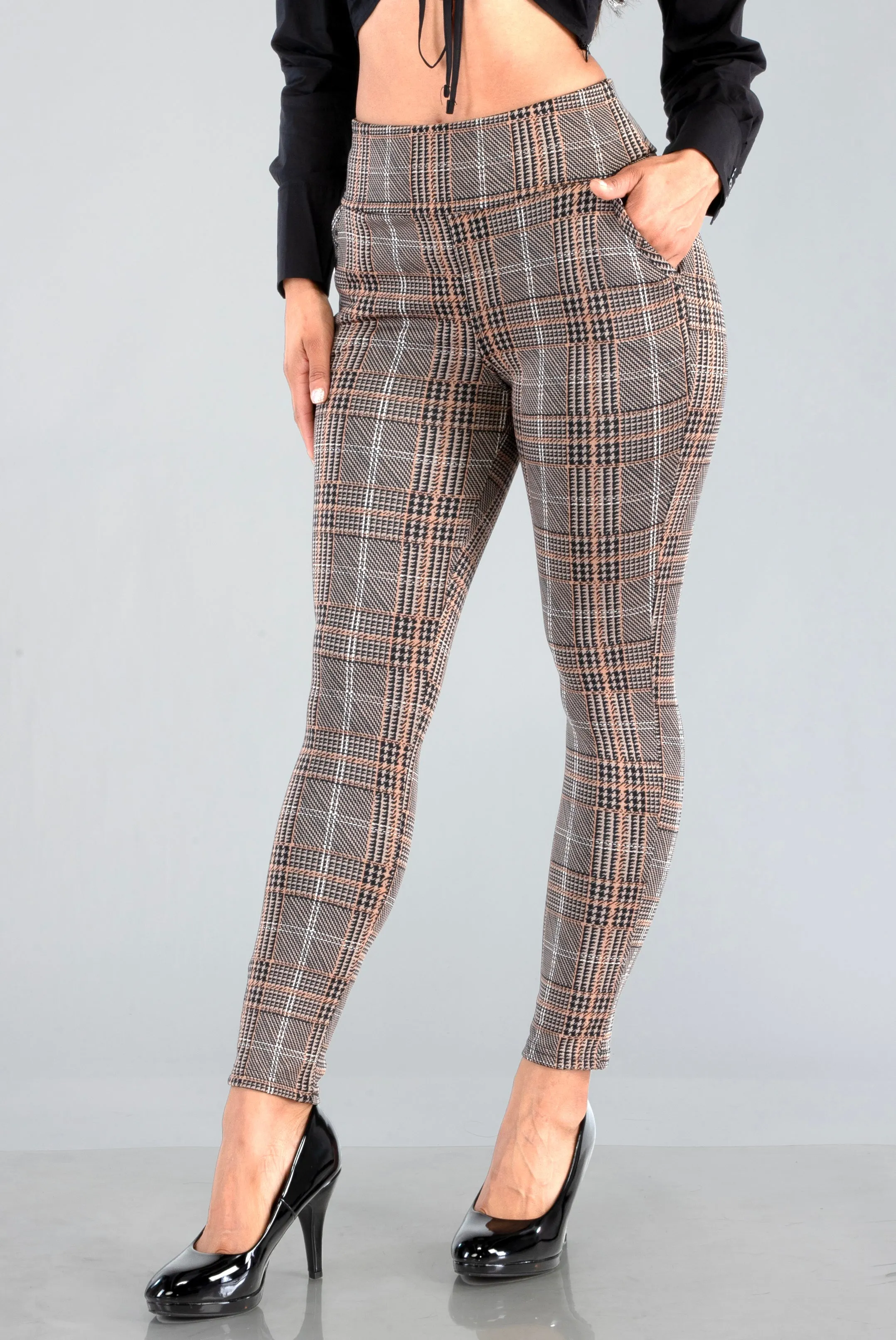 High Waist Sculpting Treggings With Front Pockets - Brown, Black, White Plaid