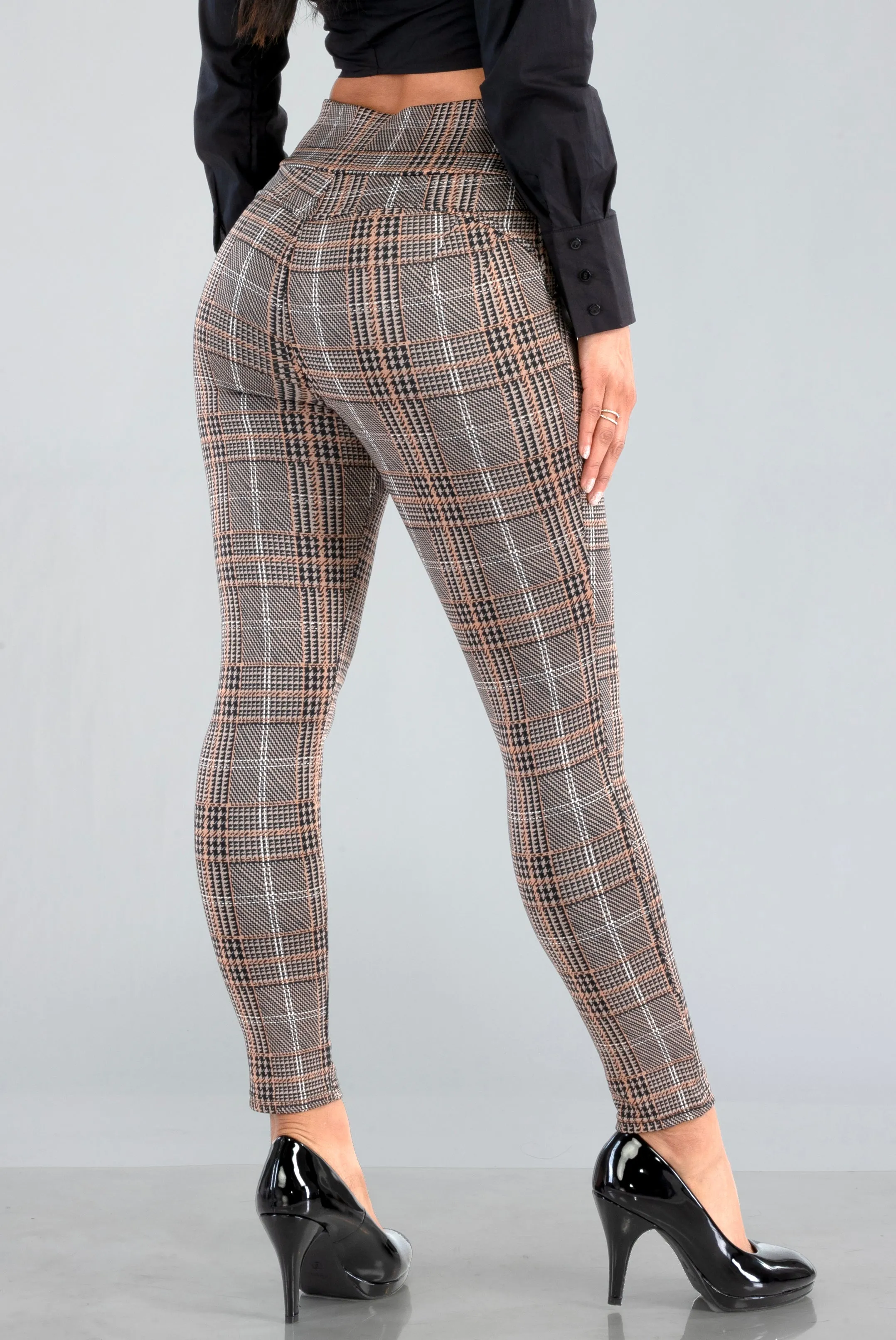 High Waist Sculpting Treggings With Front Pockets - Brown, Black, White Plaid