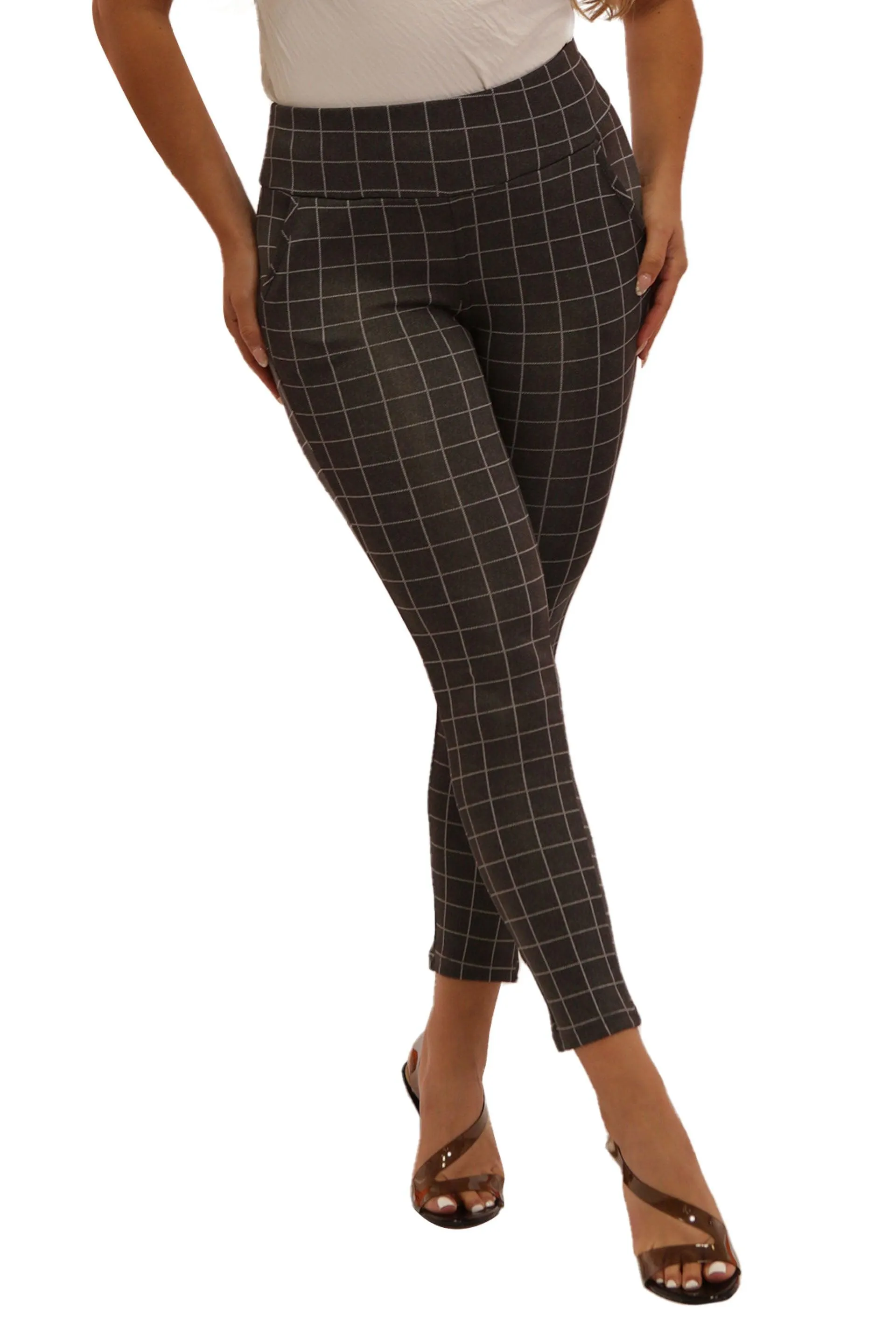 High Waist Sculpting Treggings With Front Pockets - Gray & White Plaid