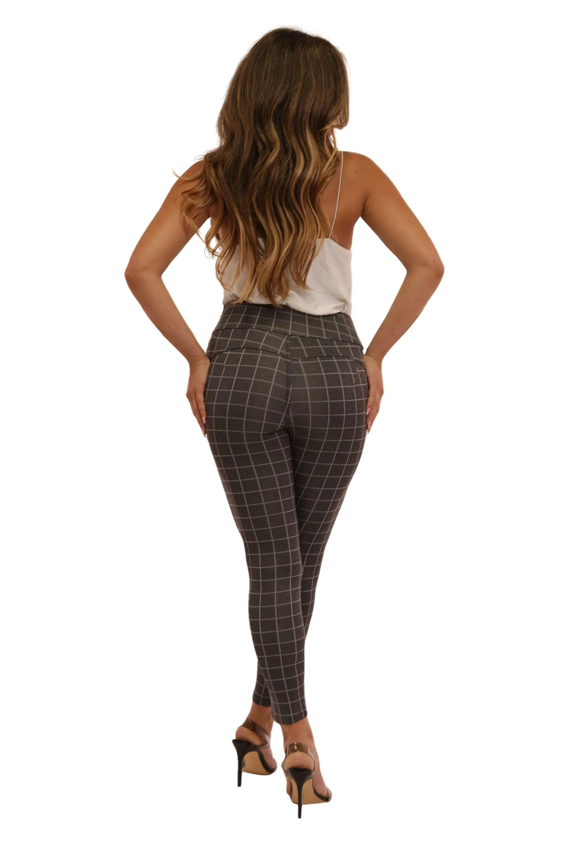 High Waist Sculpting Treggings With Front Pockets - Gray & White Plaid