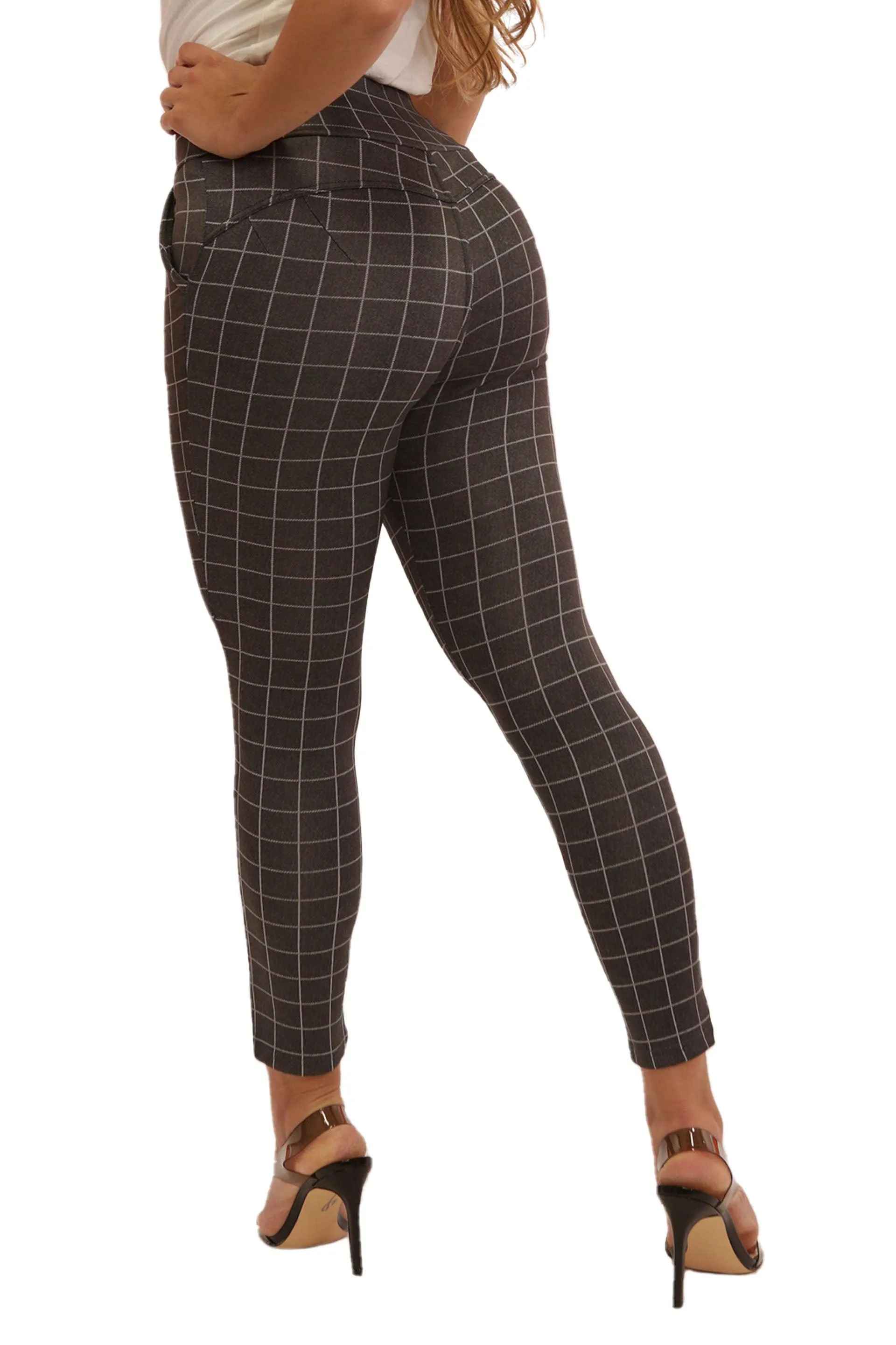 High Waist Sculpting Treggings With Front Pockets - Gray & White Plaid