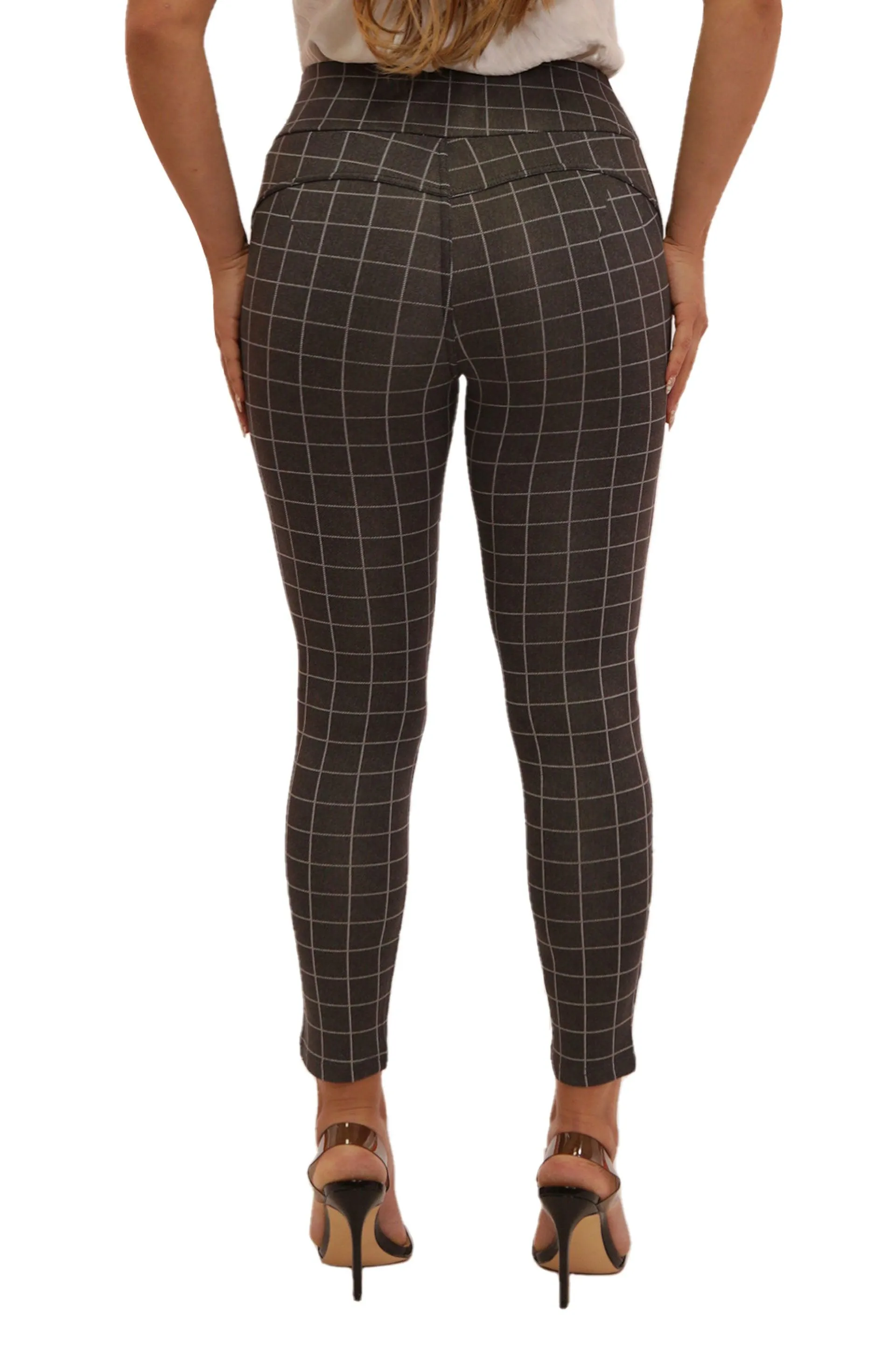 High Waist Sculpting Treggings With Front Pockets - Gray & White Plaid