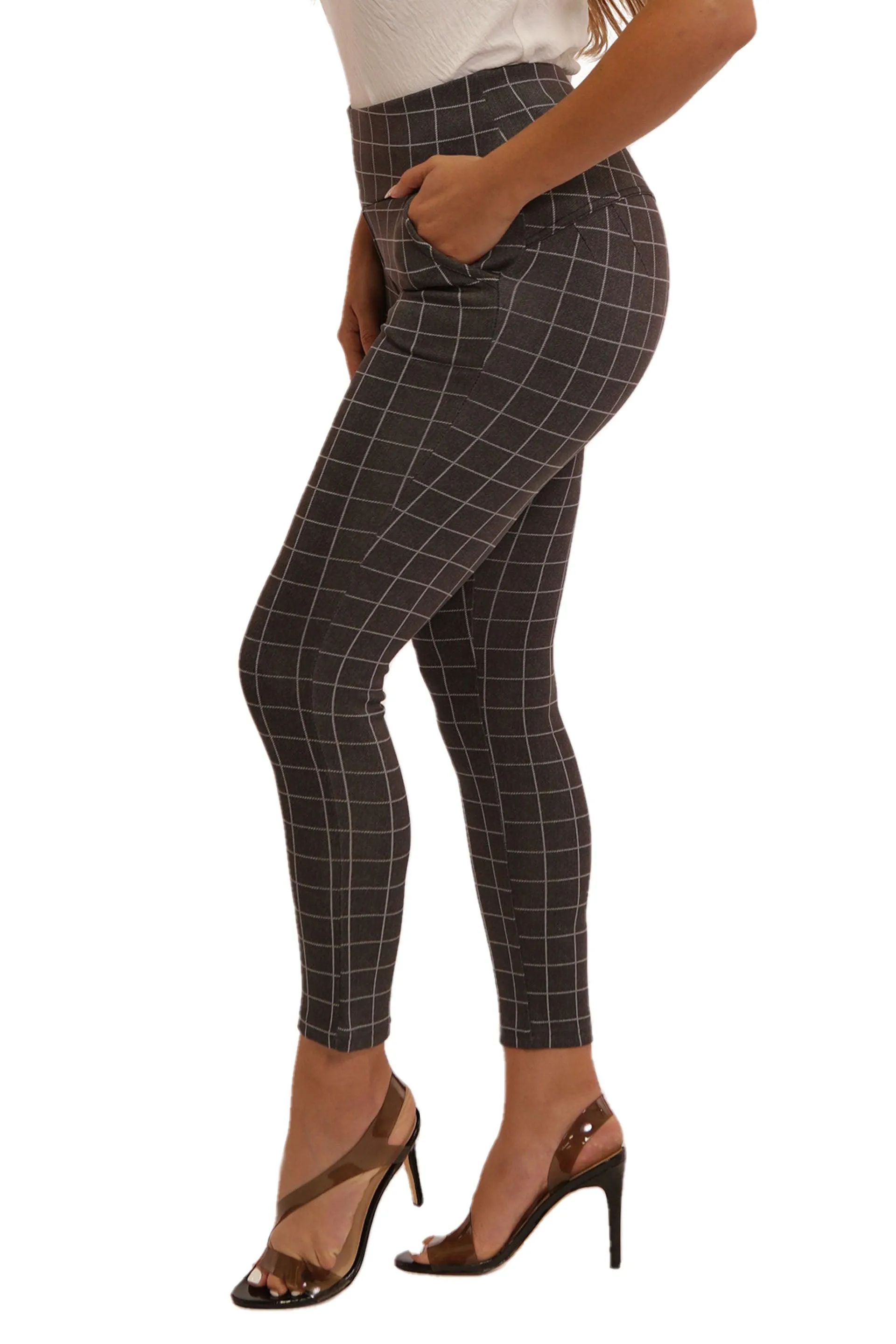 High Waist Sculpting Treggings With Front Pockets - Gray & White Plaid