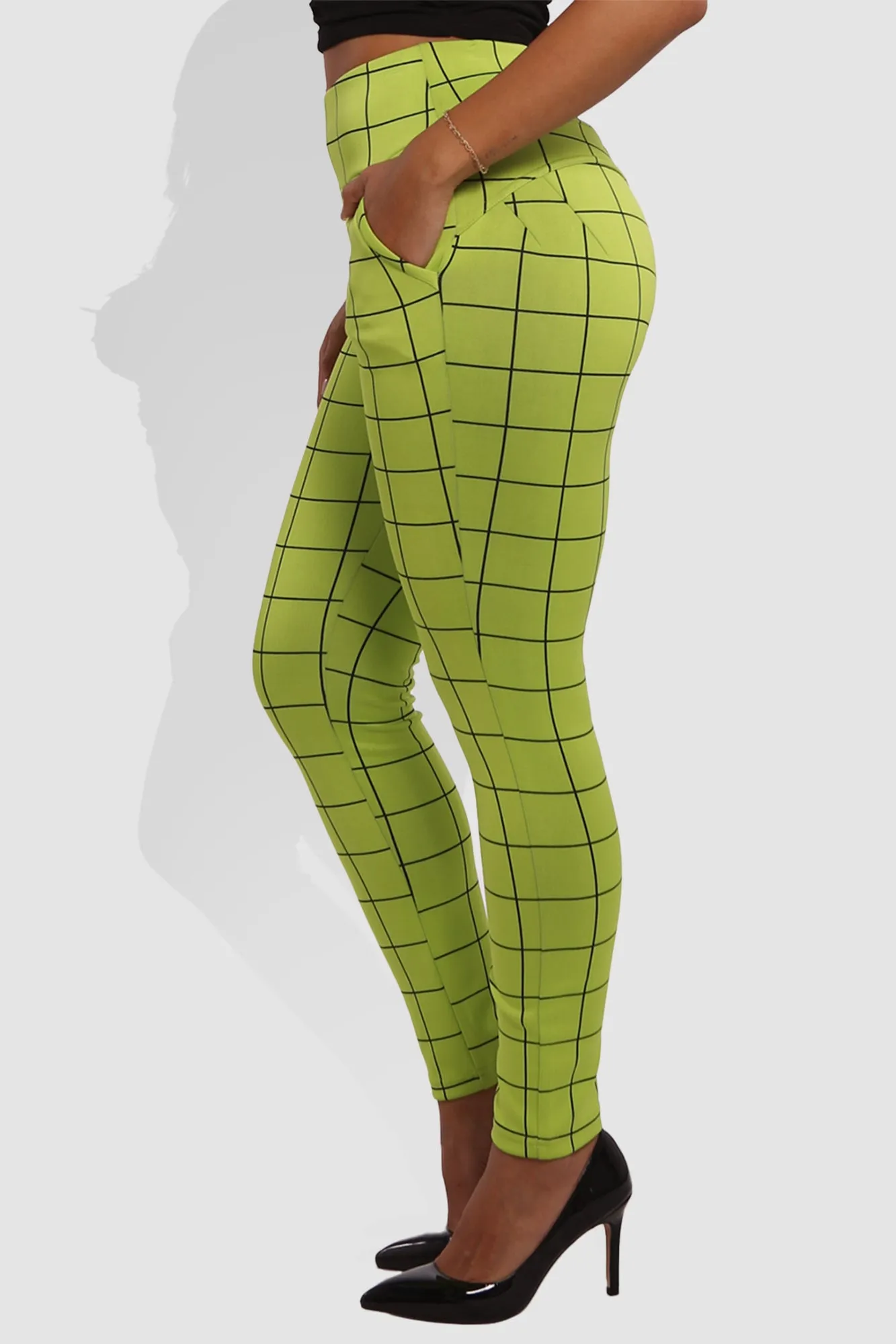 High Waist Sculpting Treggings With Front Pockets - Green, Black Plaid