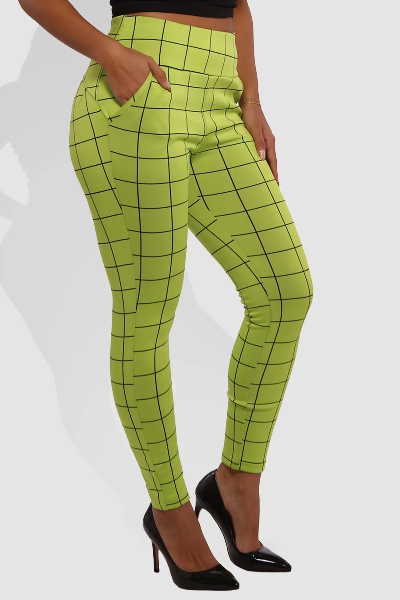 High Waist Sculpting Treggings With Front Pockets - Green, Black Plaid