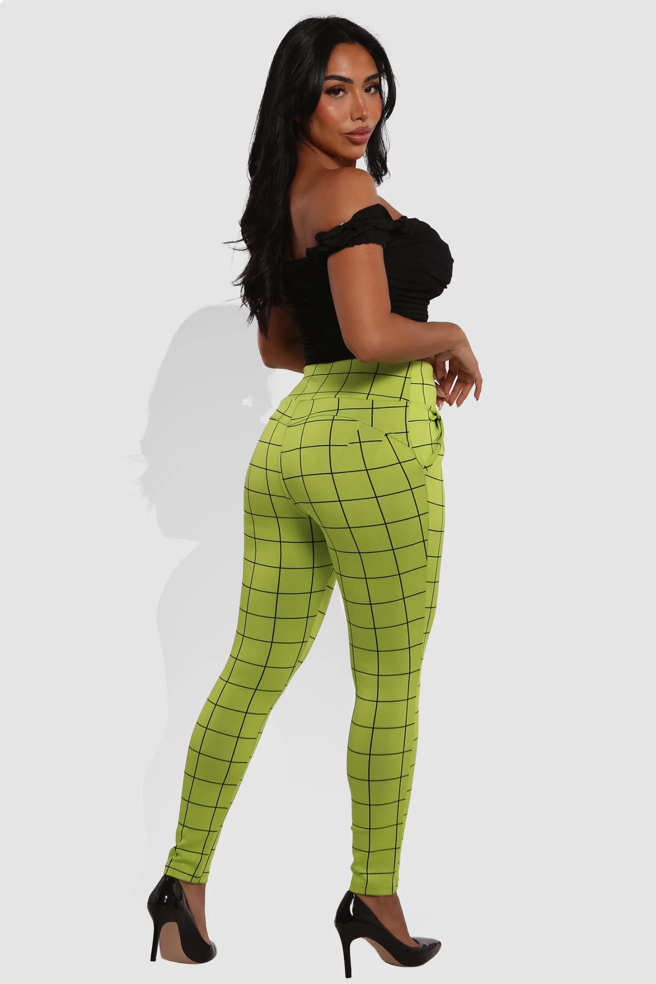 High Waist Sculpting Treggings With Front Pockets - Green, Black Plaid