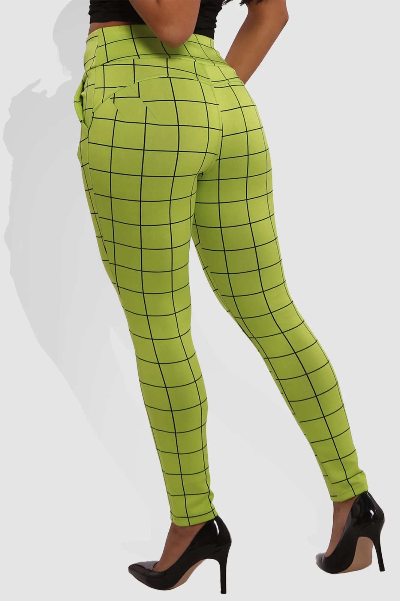 High Waist Sculpting Treggings With Front Pockets - Green, Black Plaid