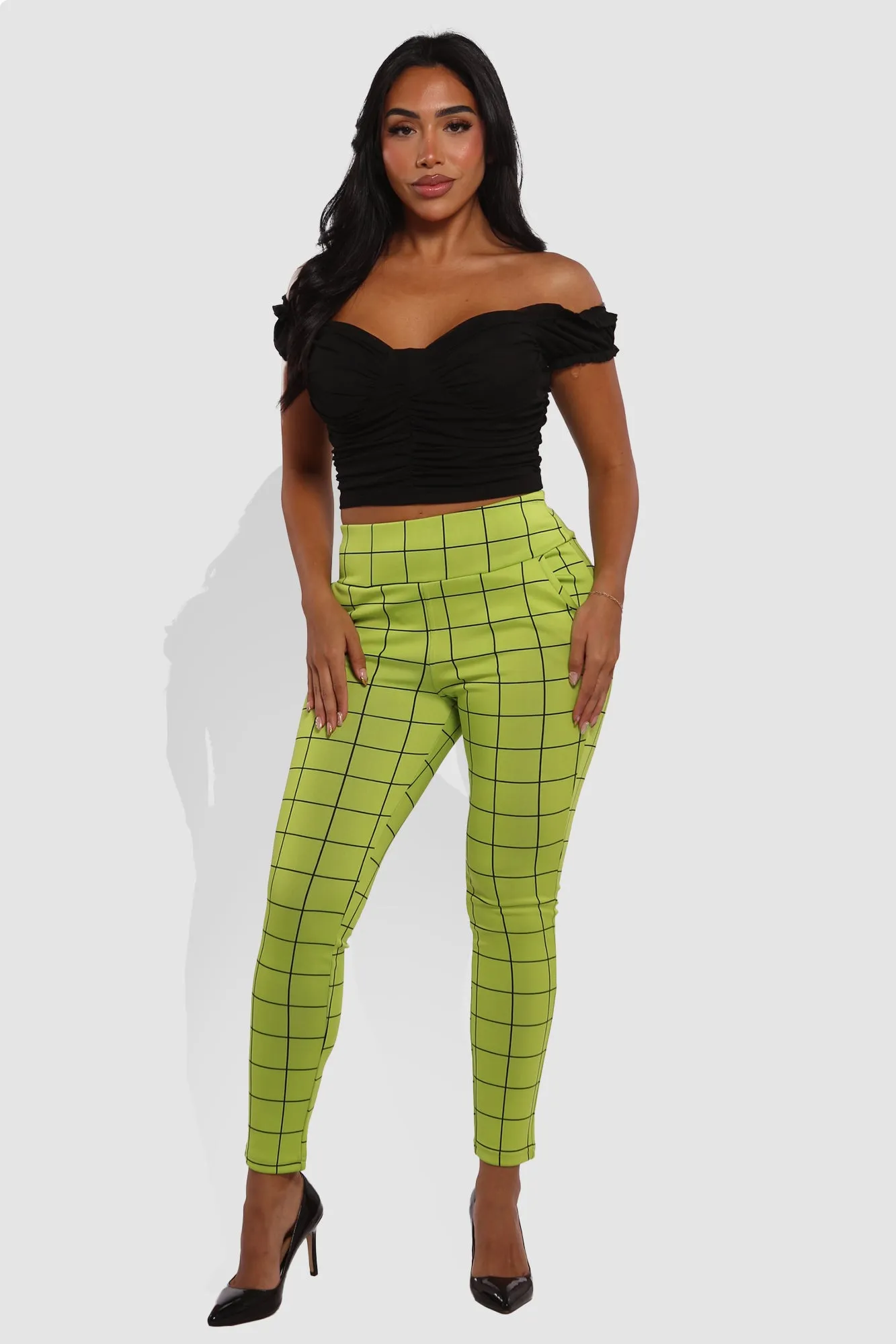 High Waist Sculpting Treggings With Front Pockets - Green, Black Plaid