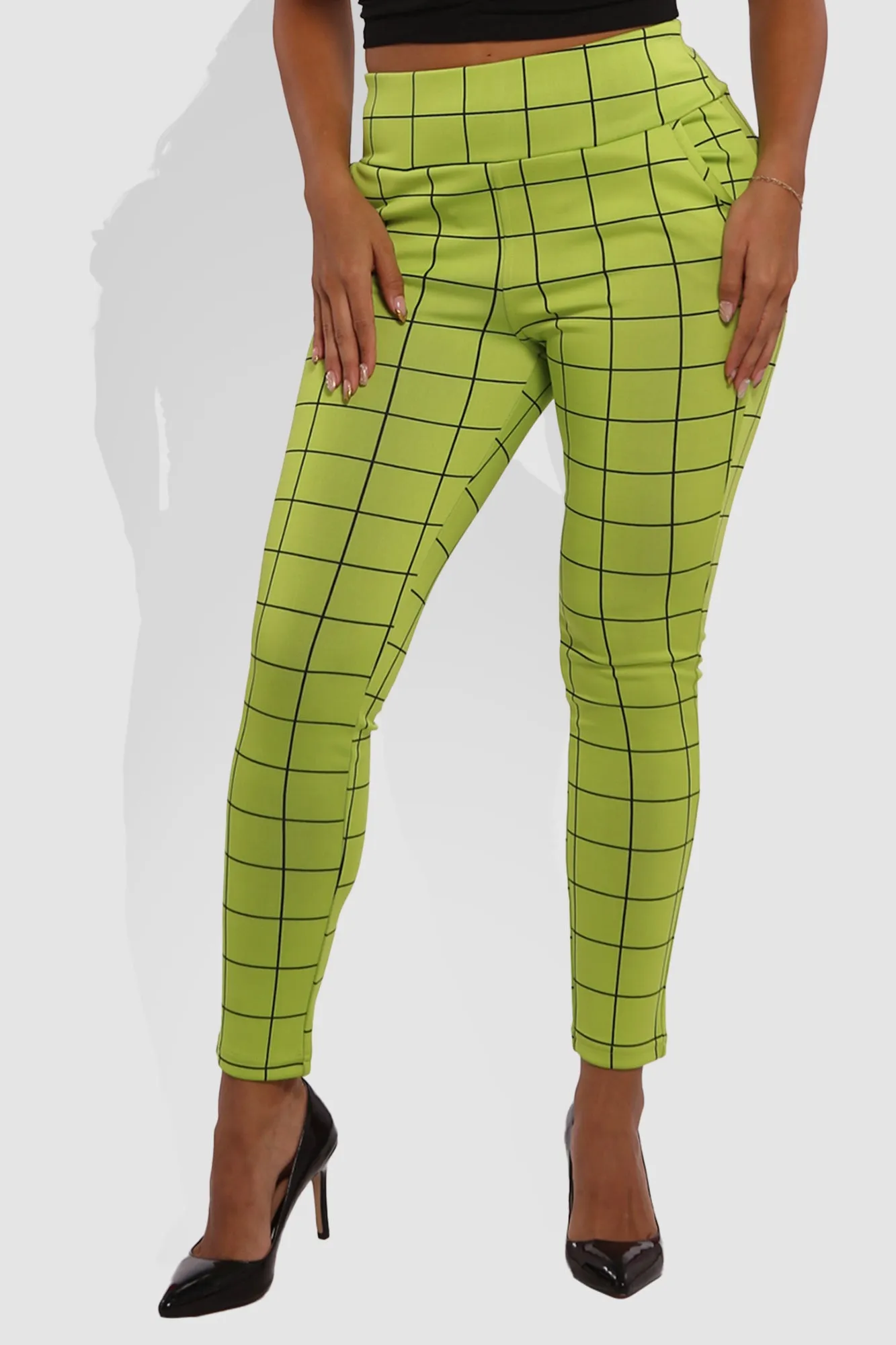 High Waist Sculpting Treggings With Front Pockets - Green, Black Plaid