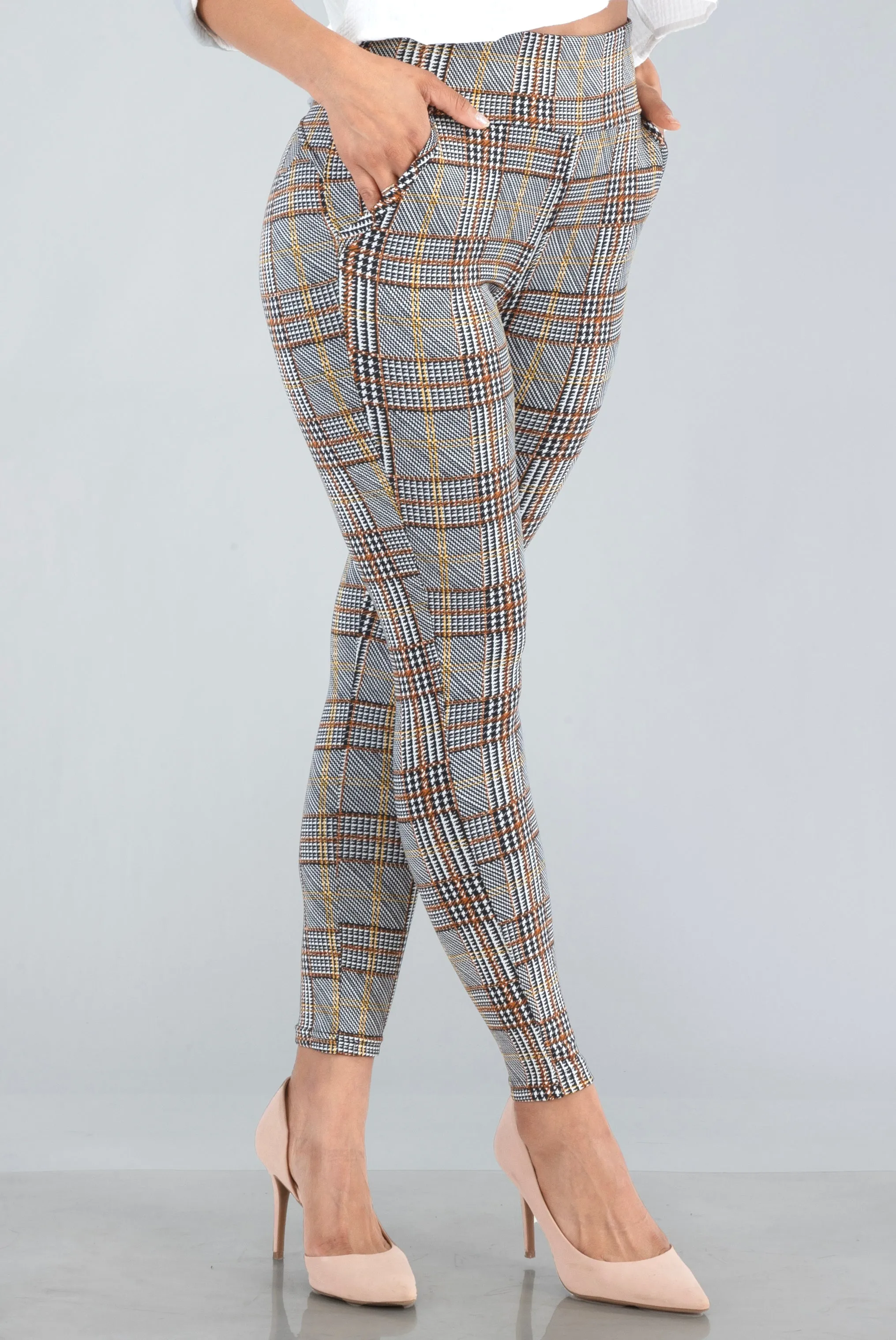 High Waist Sculpting Treggings With Front Pockets - Khaki, White, Black Plaid