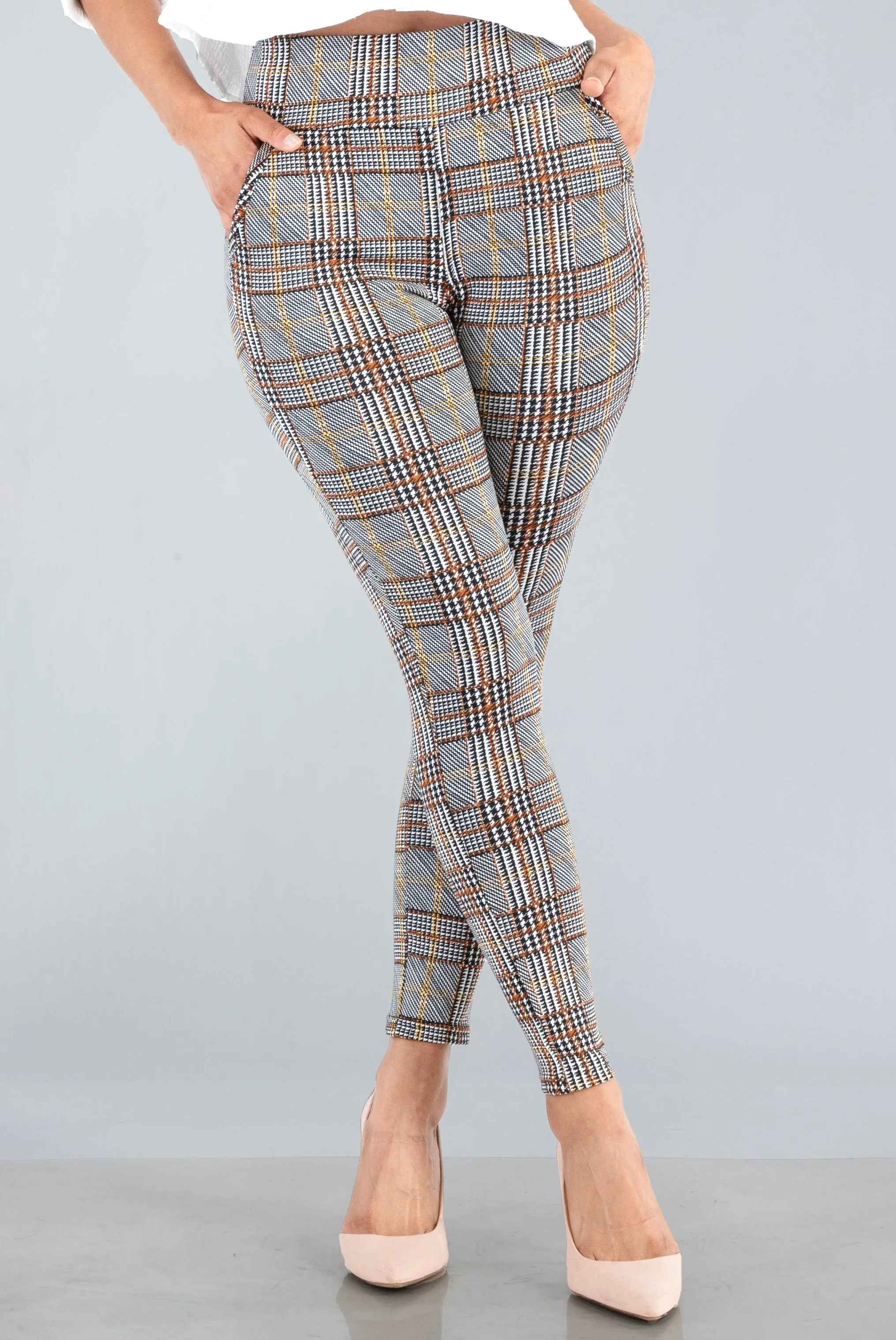 High Waist Sculpting Treggings With Front Pockets - Khaki, White, Black Plaid