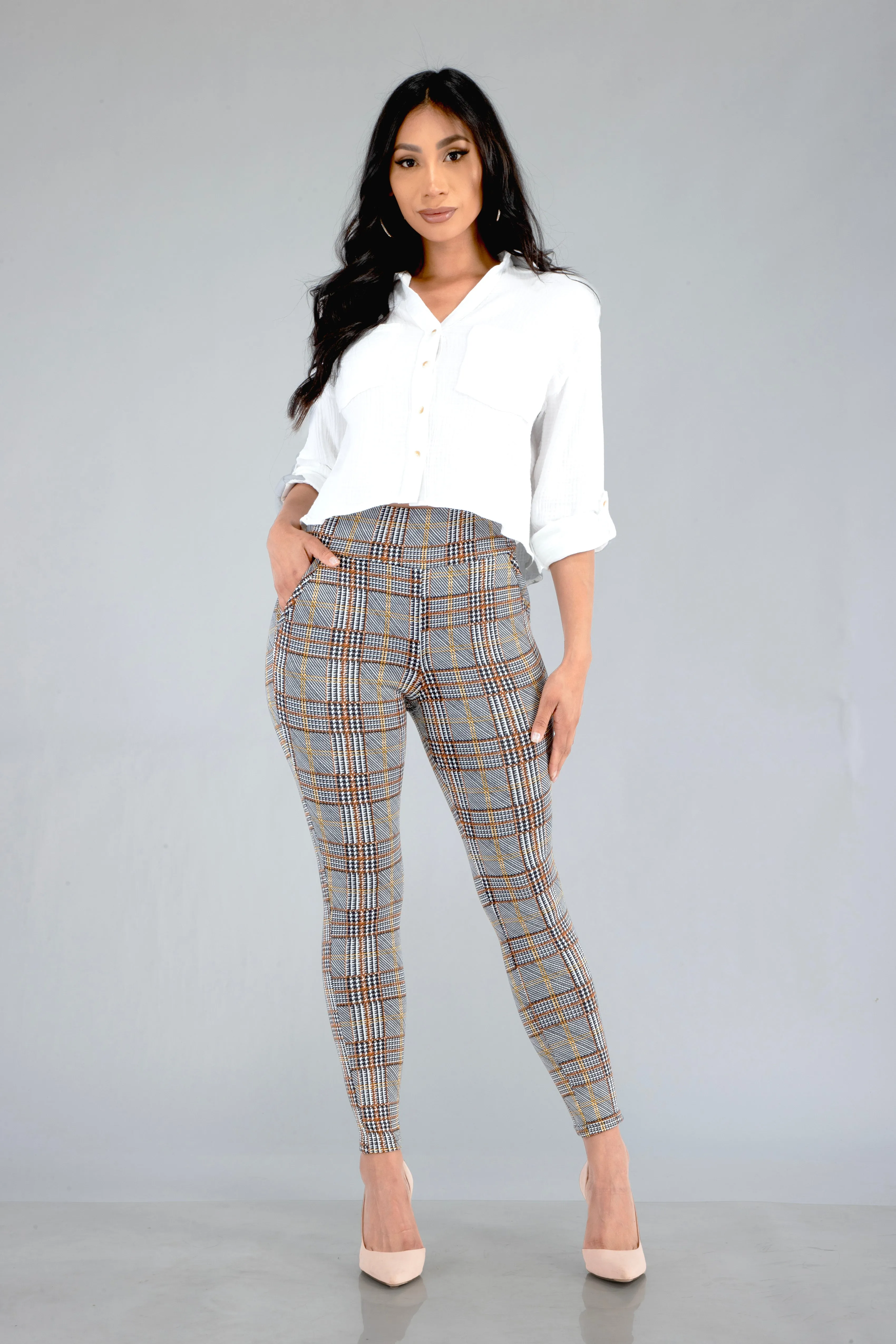 High Waist Sculpting Treggings With Front Pockets - Khaki, White, Black Plaid