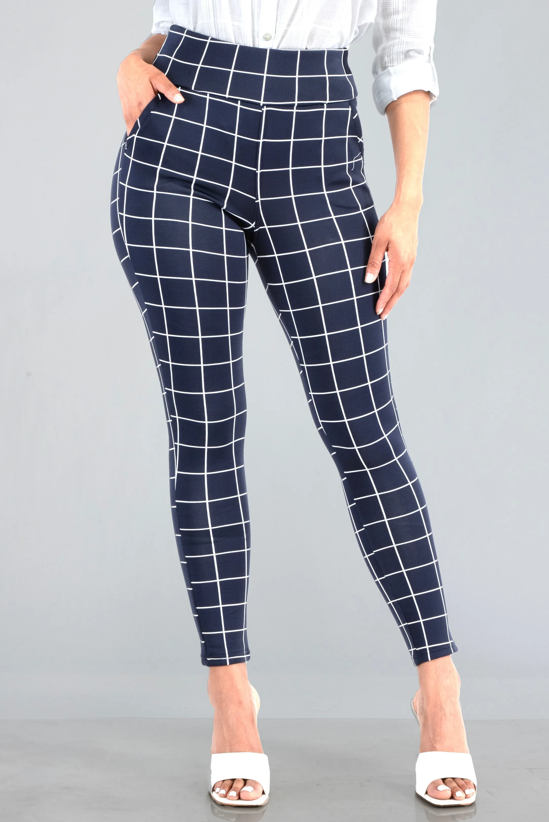 High Waist Sculpting Treggings With Front Pockets - Navy & White Plaid