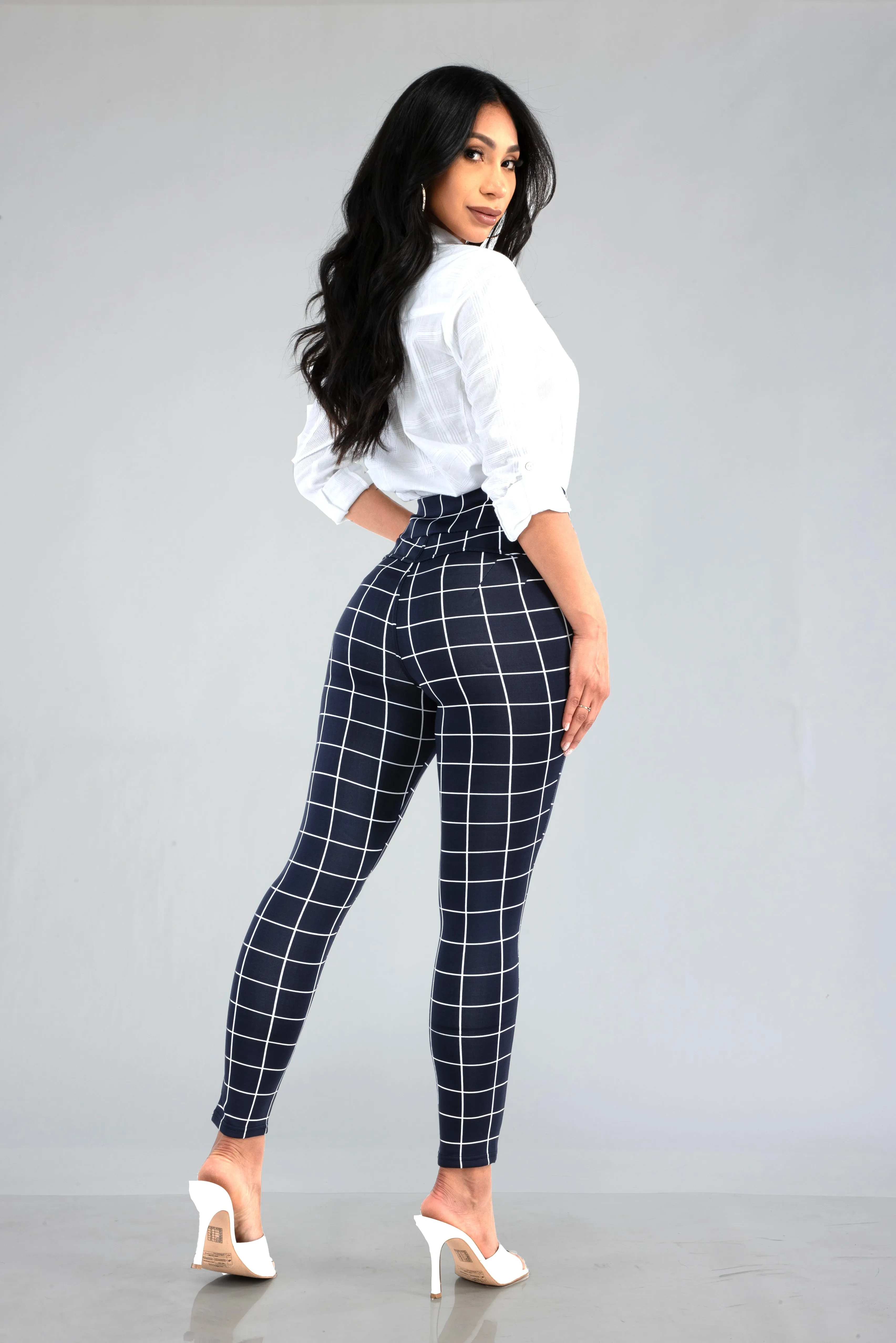 High Waist Sculpting Treggings With Front Pockets - Navy & White Plaid