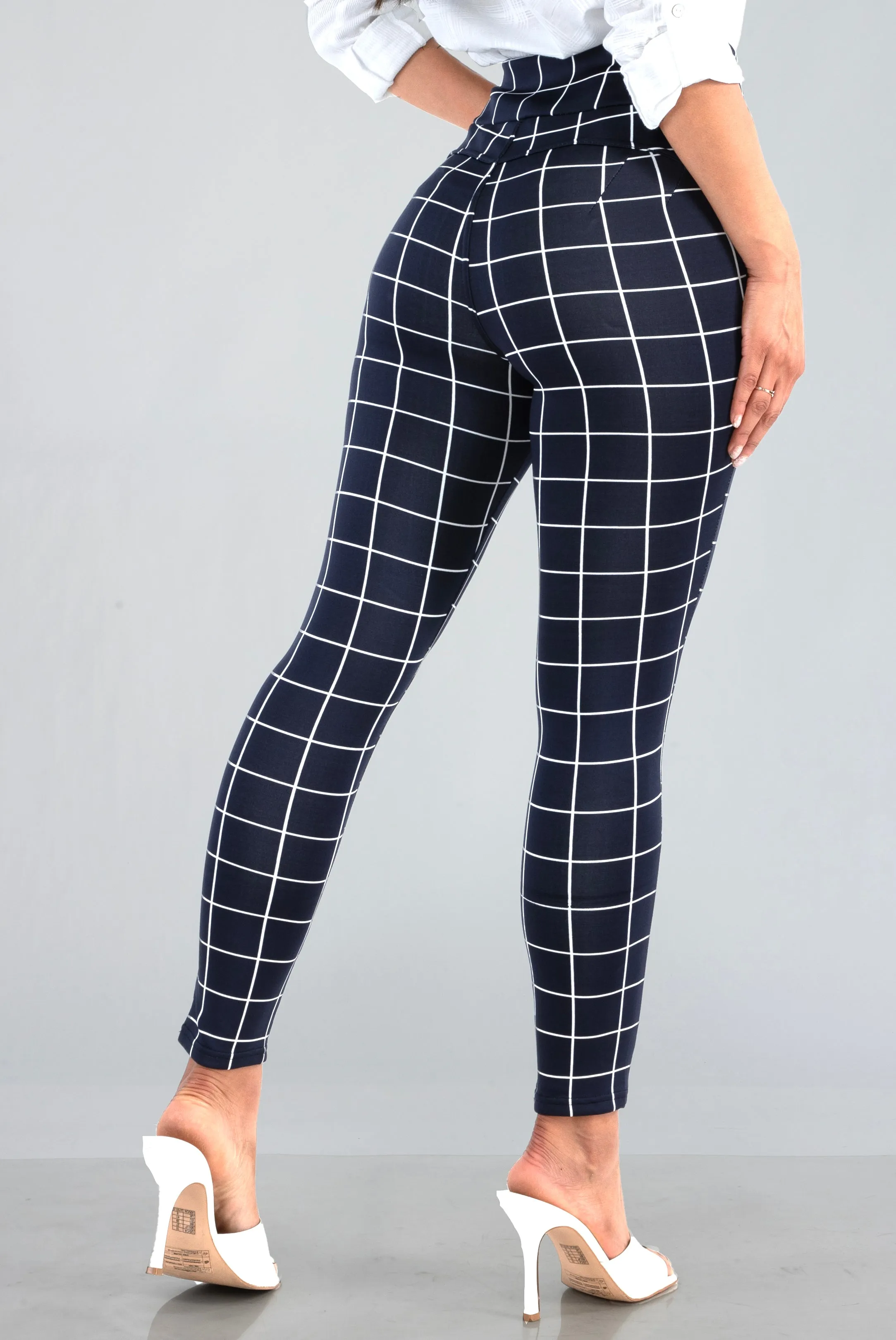 High Waist Sculpting Treggings With Front Pockets - Navy & White Plaid