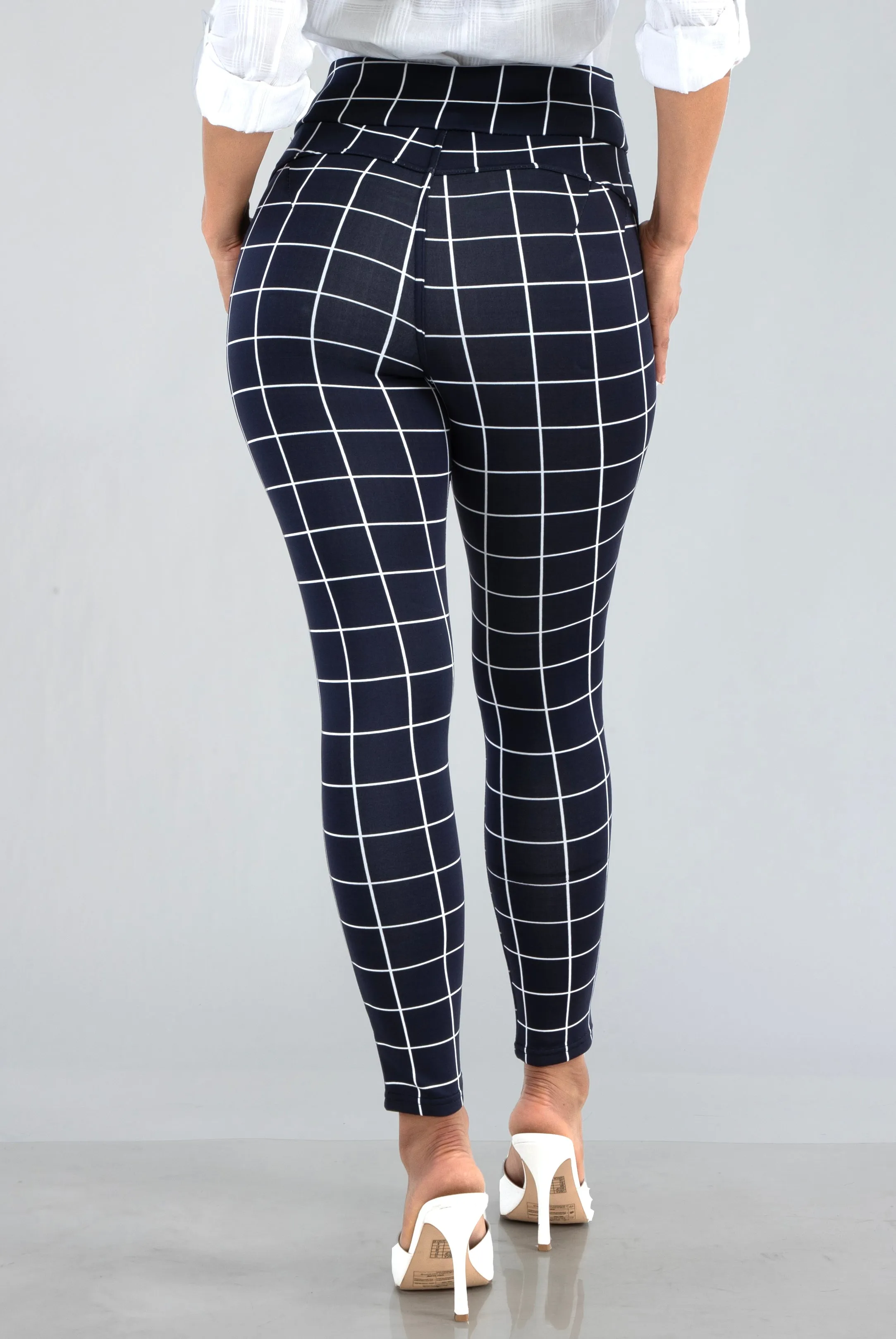 High Waist Sculpting Treggings With Front Pockets - Navy & White Plaid