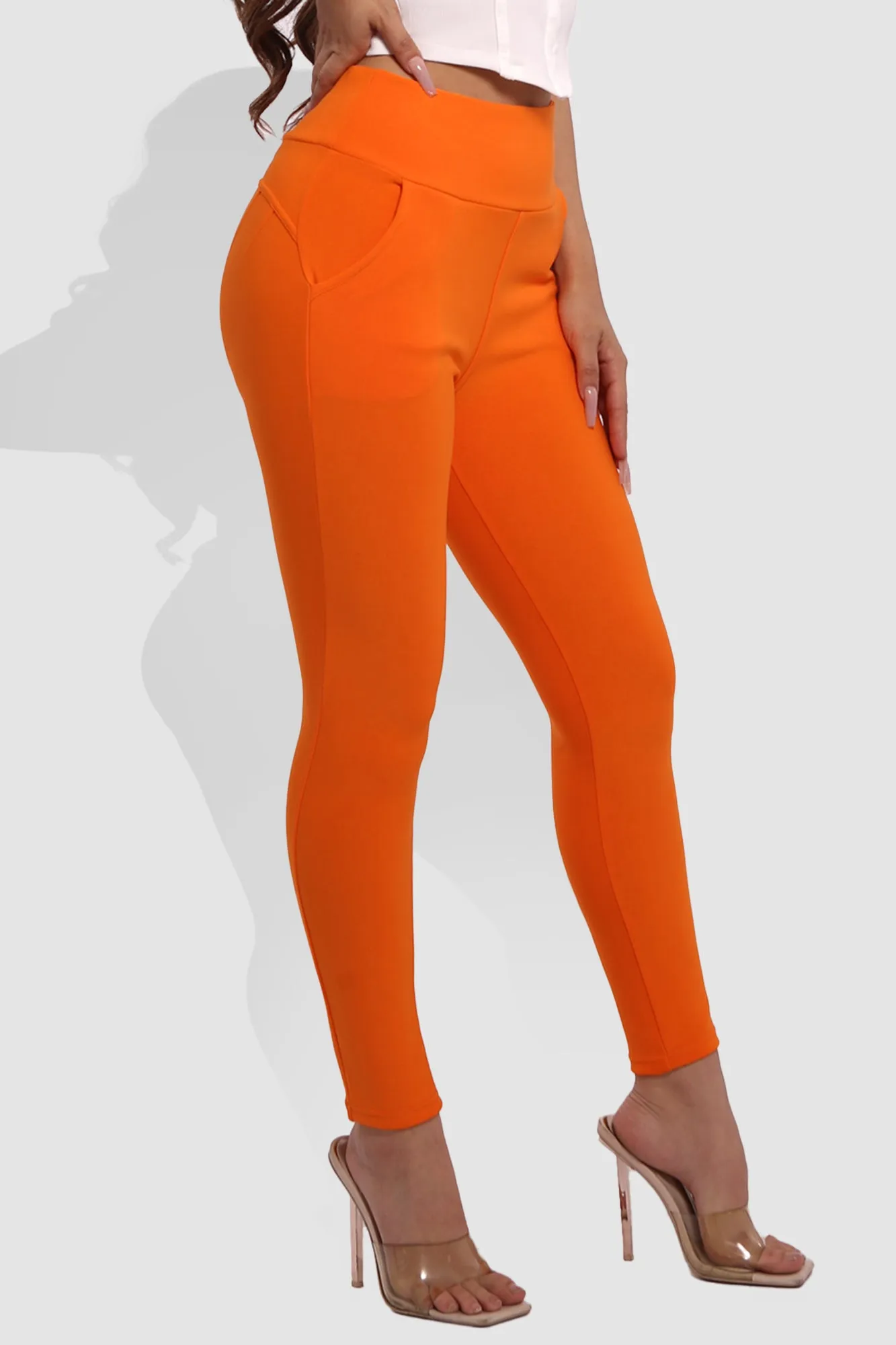 High Waist Sculpting Treggings With Front Pockets - Orange