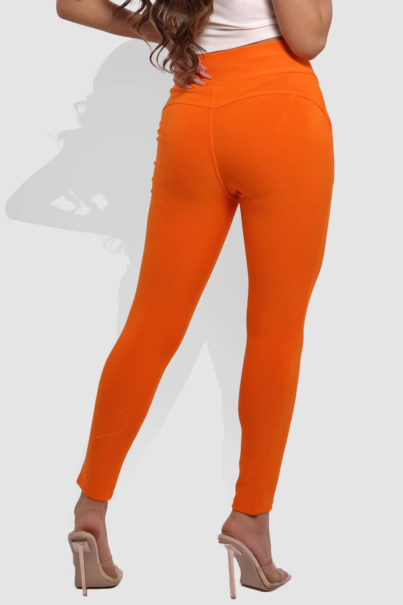 High Waist Sculpting Treggings With Front Pockets - Orange