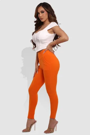 High Waist Sculpting Treggings With Front Pockets - Orange