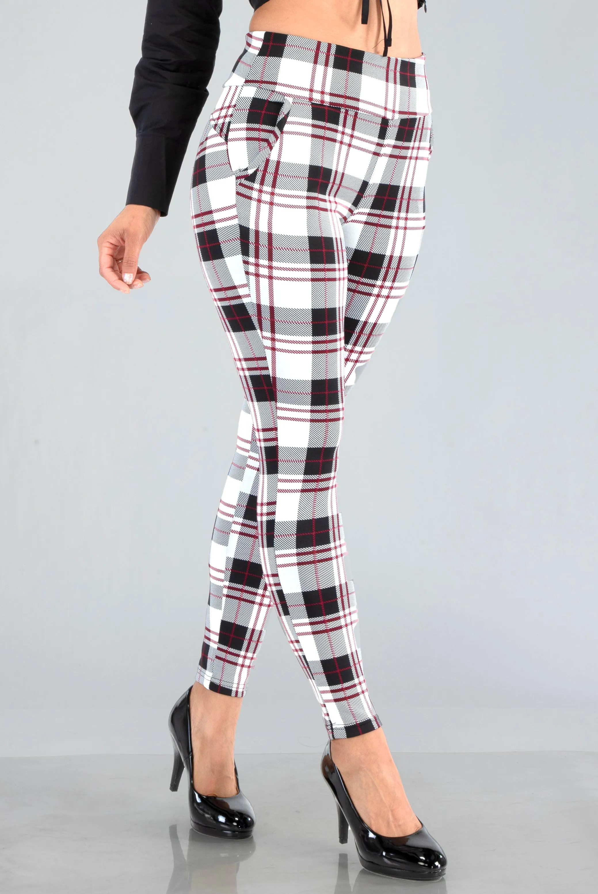 High Waist Sculpting Treggings With Front Pockets - White, Black, Red Plaid