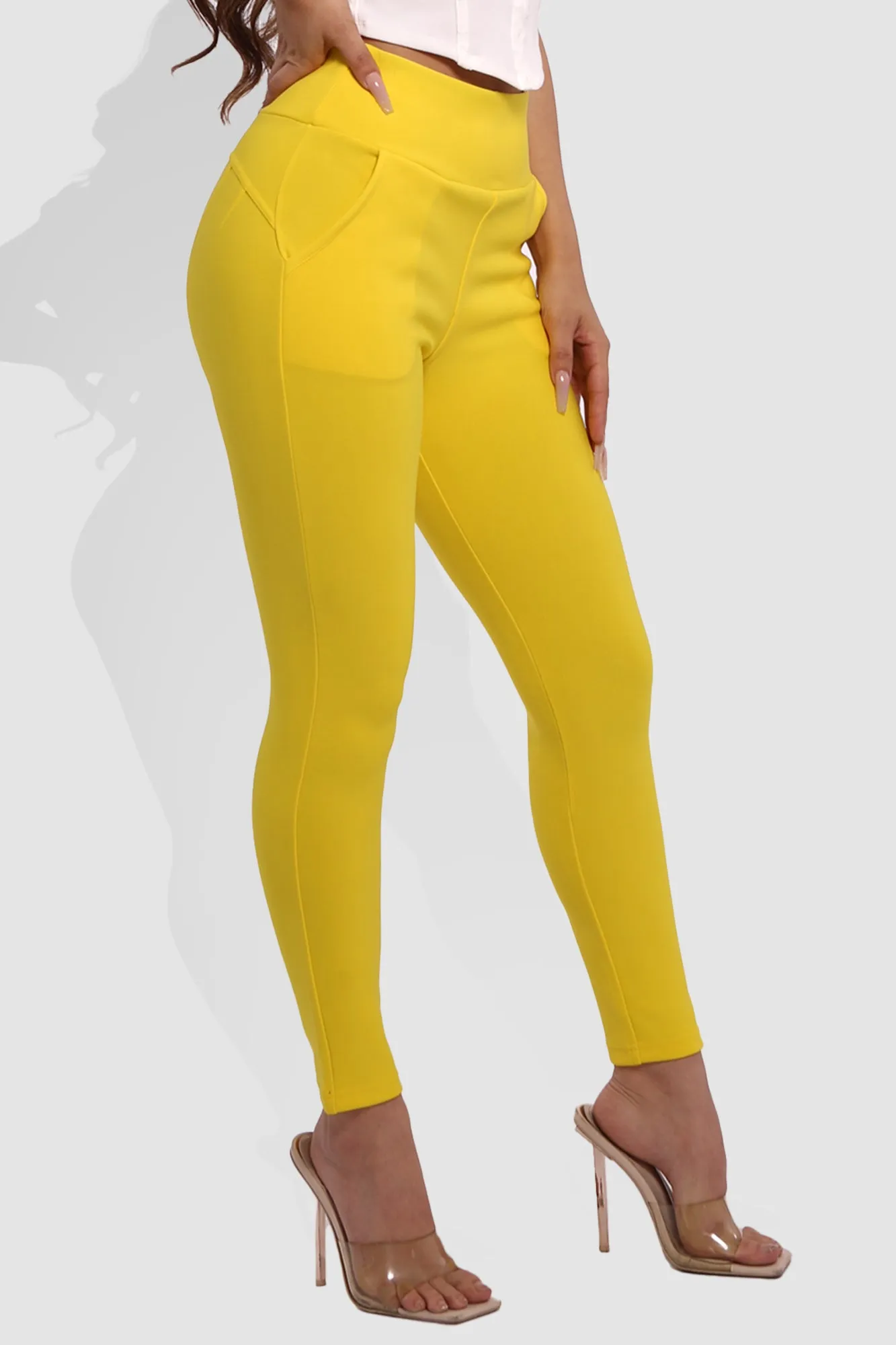 High Waist Sculpting Treggings With Front Pockets - Yellow