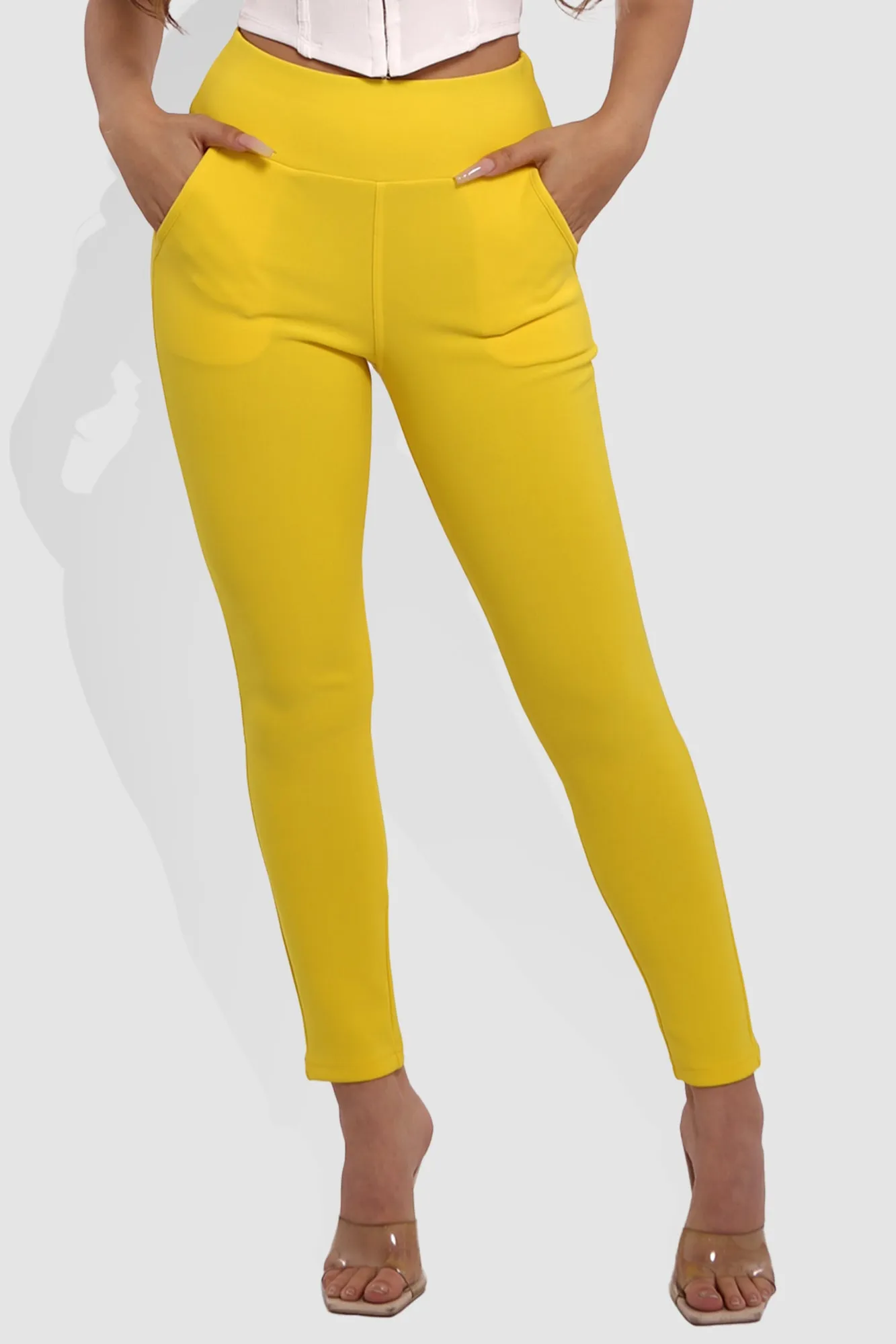 High Waist Sculpting Treggings With Front Pockets - Yellow