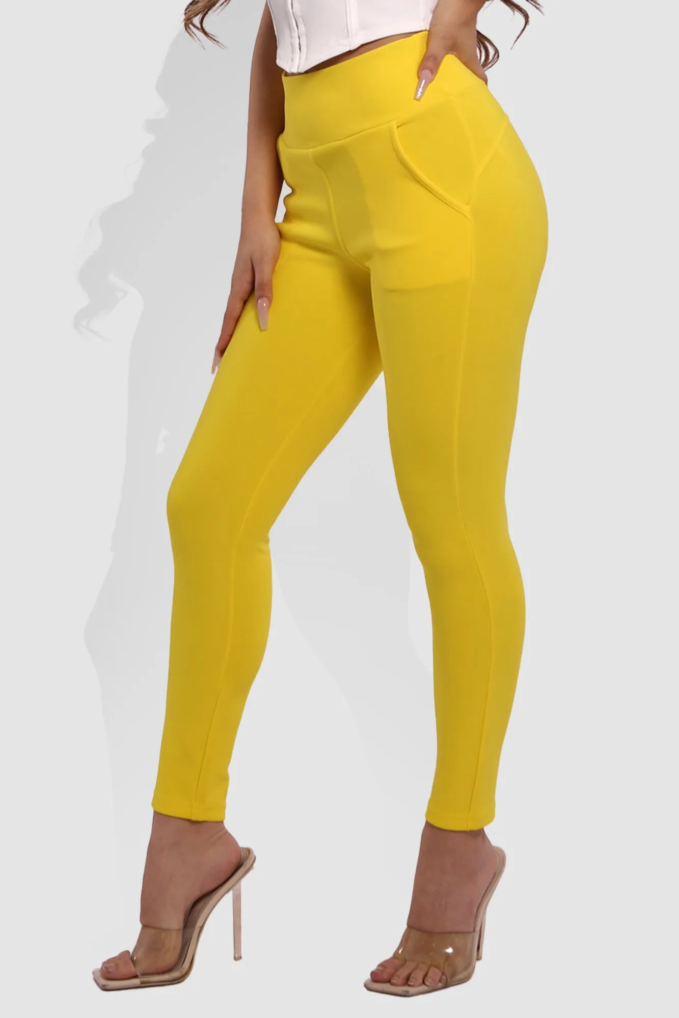 High Waist Sculpting Treggings With Front Pockets - Yellow