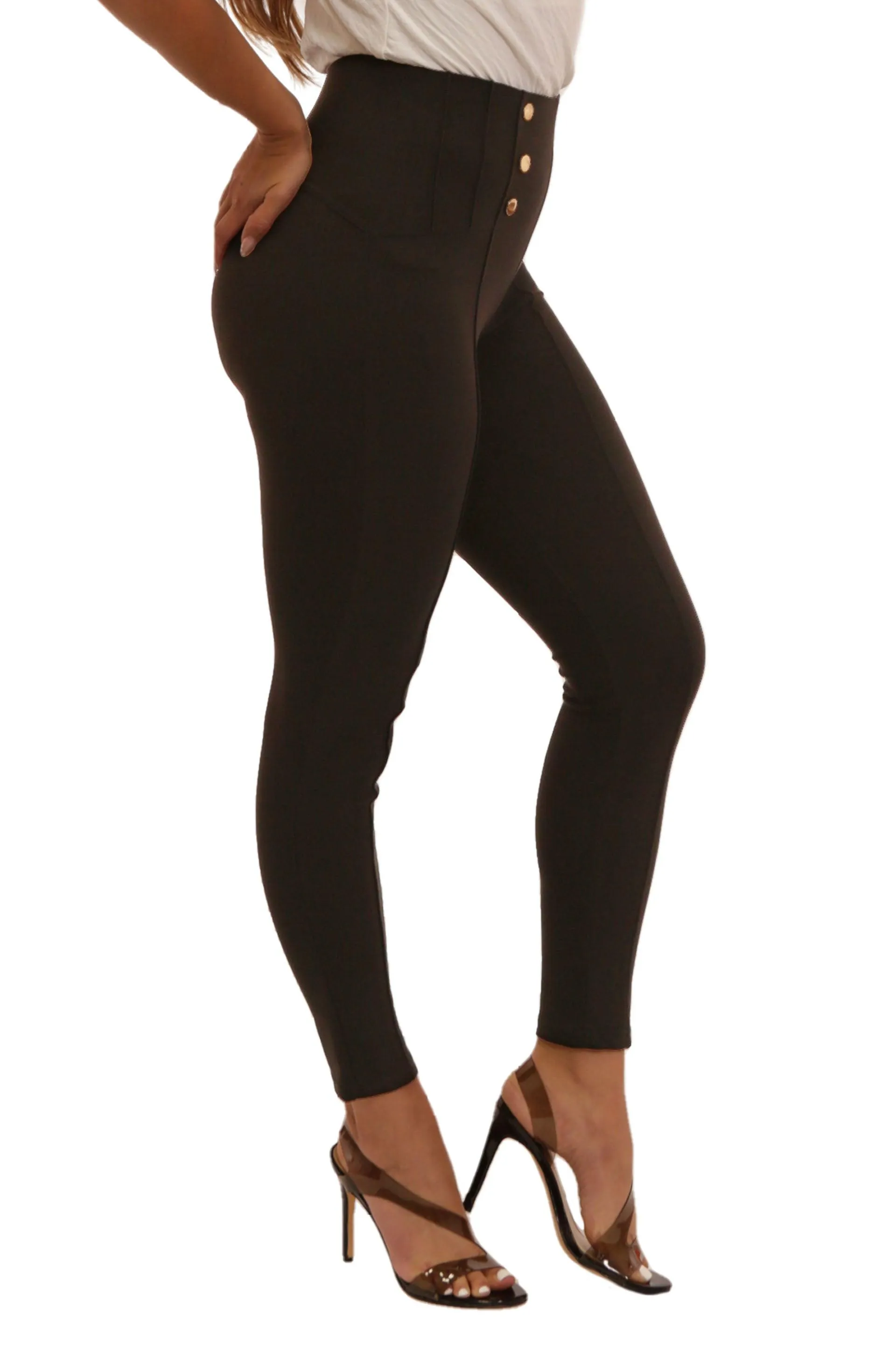 High Waist Sculpting Treggings With Metal Button Waist Detail - Black