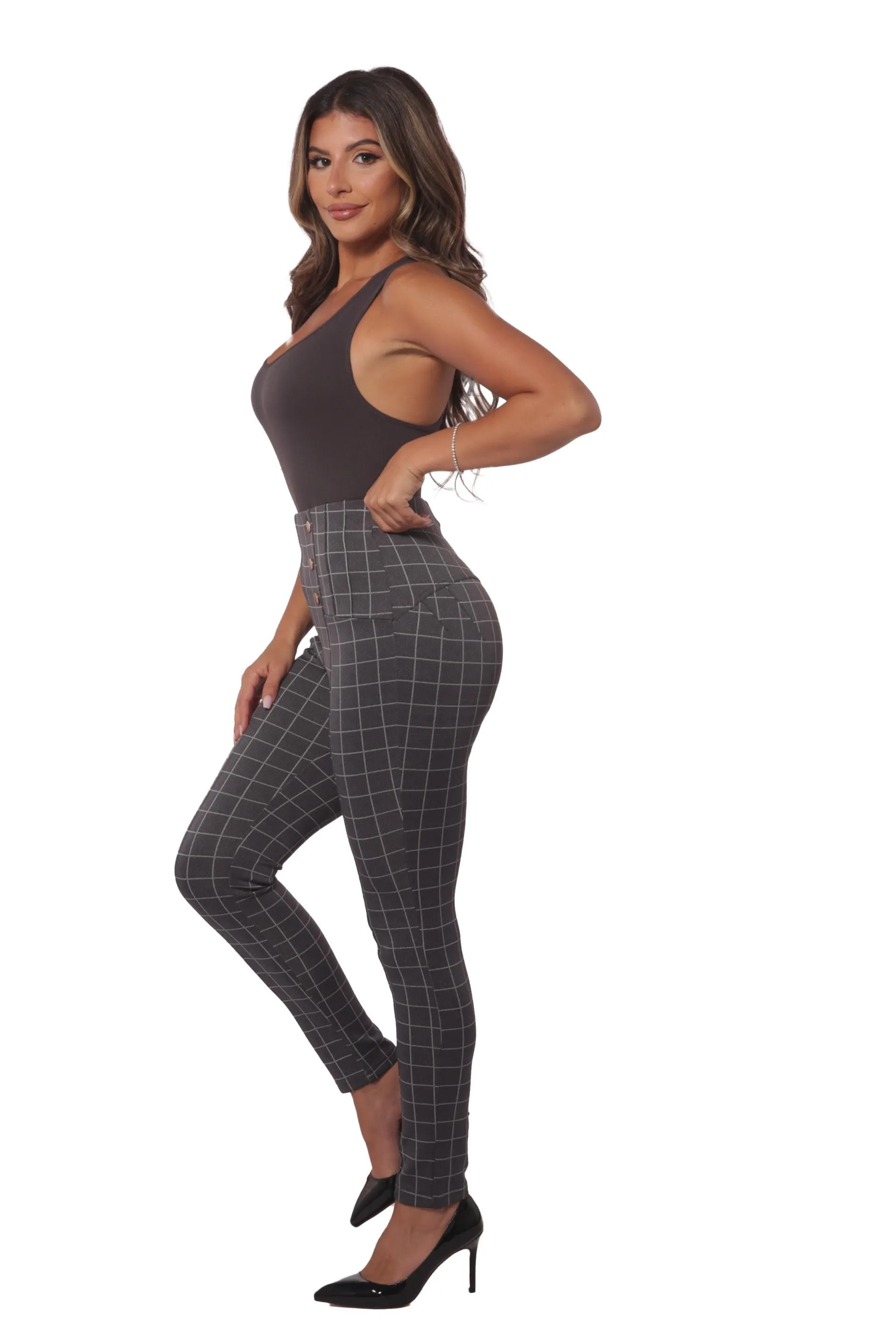 High Waist Sculpting Treggings With Metal Button Waist Detail - Gray, White Plaid