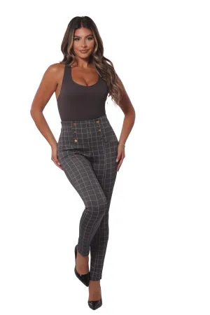 High Waist Sculpting Treggings With Metal Button Waist Detail - Gray, White Plaid