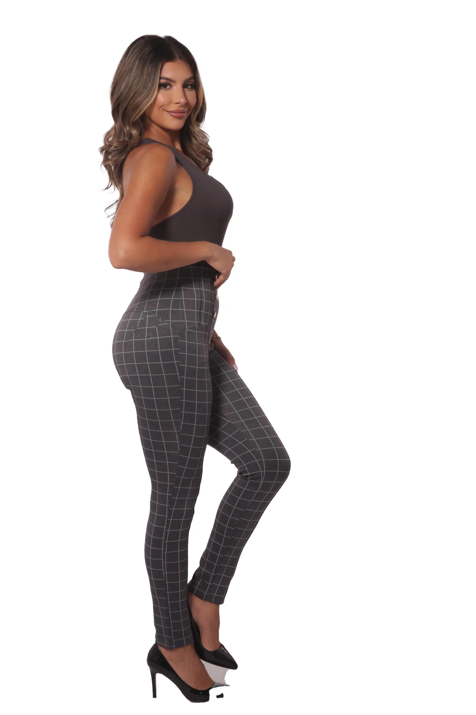 High Waist Sculpting Treggings With Metal Button Waist Detail - Gray, White Plaid