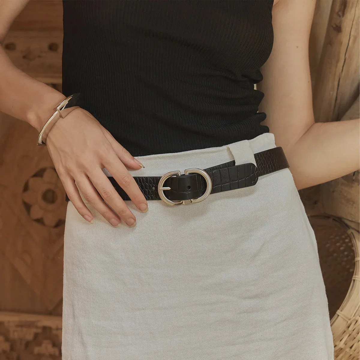 In Reverse - Black Croc Silver Leather Belt